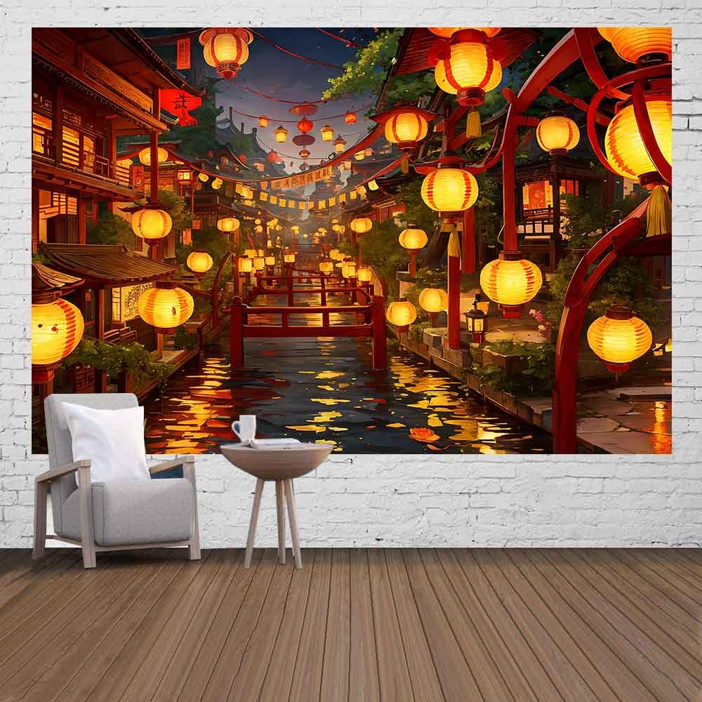 Ine Ive Japanese Tapestry Wall Hanging Large Size 93x71 Inch | Traditional Japan Streets filled with lanterns tapestry for Bedroom Living Room Dorm Office Restaurant Wall Decor BST202
