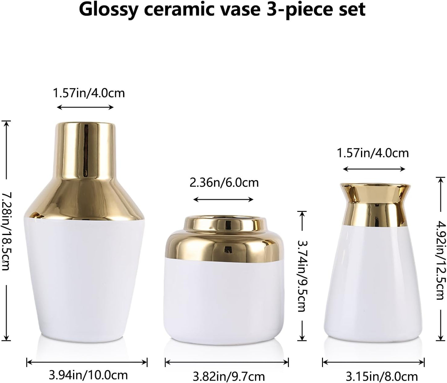 3 Piece Wide Mouth Vase Set for Table Centerpiece, Ceramic White Gold Flower Vase for Pampas Grass Decor, Glossy Gold Unique Vases for Bathroom Fireplace Top Shelf Entryway Decorative BST220