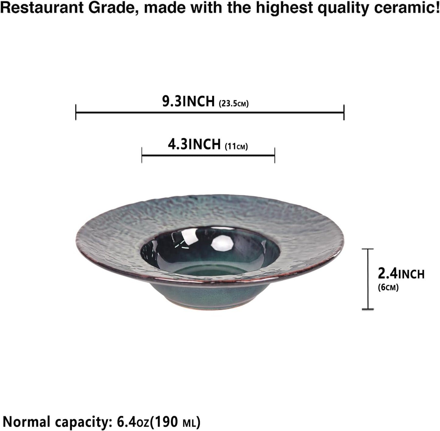 Ceramic Rimmed Soup Plate, Soup Bowl 6.4 oz, Pasta Bowl Set of 4, Shallow Bowl Plate with Rim, Best choice for high-end restaurants, hotels, and foodies, Teal reactive glaze, 9.3 Inch BST202