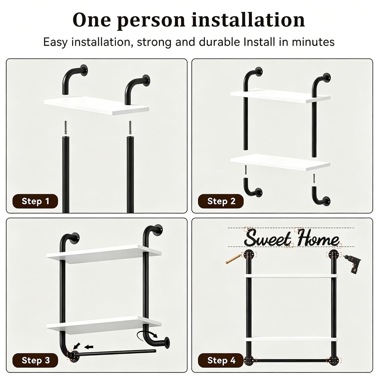 Tinpin Bathroom Shelves Wall Mounted, Rustic Farmhouse Pipe Shelves, Walls Shelf 3-Tier, Industrial Pipe Shelving, Floating Shelf Wall Decor for Bathroom, Kitchen, Bedroom, Living Room 17.3in Black DD1210