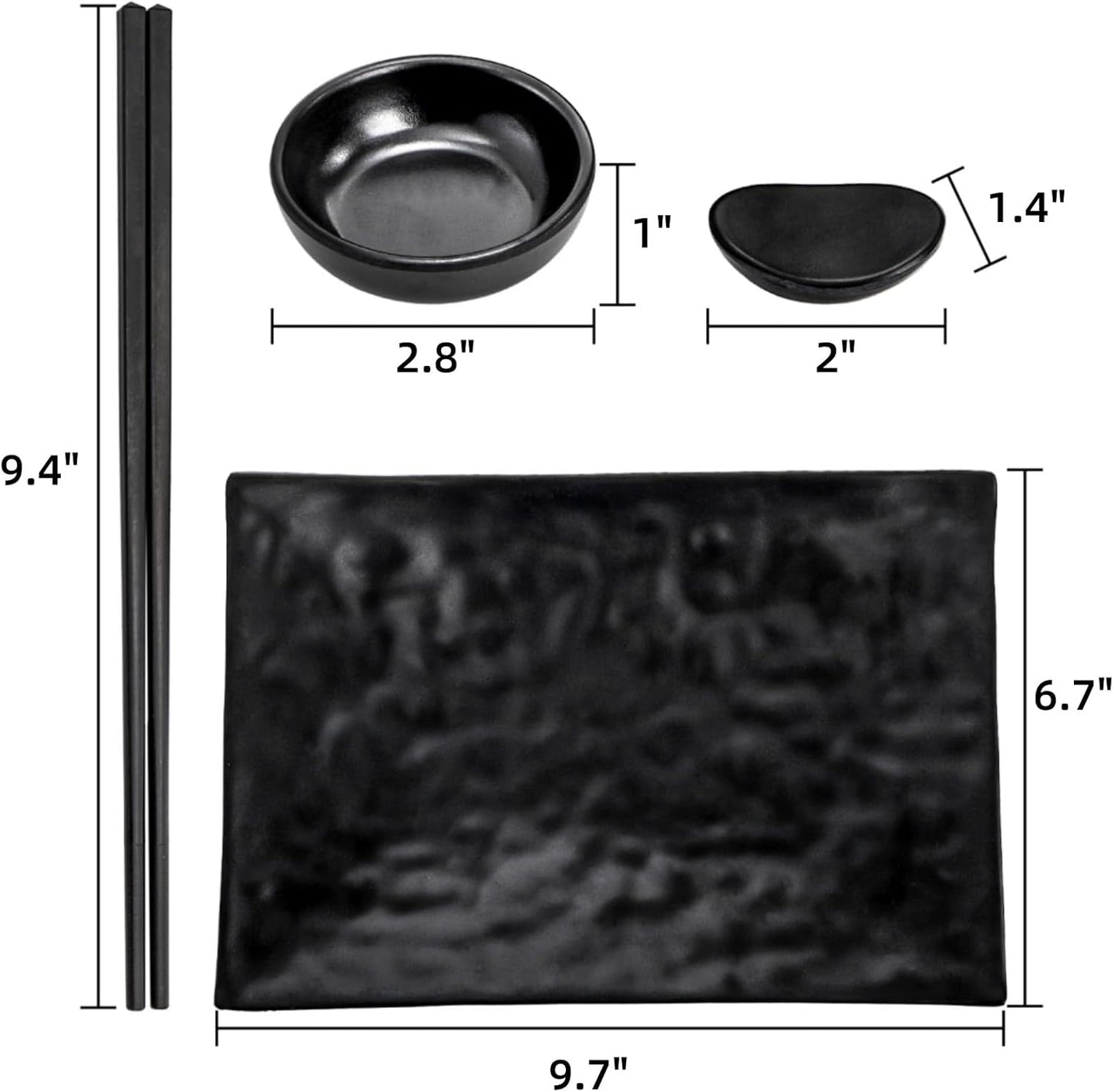 16 Pcs Sushi Plate Set, Melamine Sushi Serving Dishes, Japanese Dinnerware Sets with 4 Sushi Trays, 4 Soy Sauce Bowls 4 Pairs of Chopsticks and Holders, Wedding Housewarming Gift, Black
