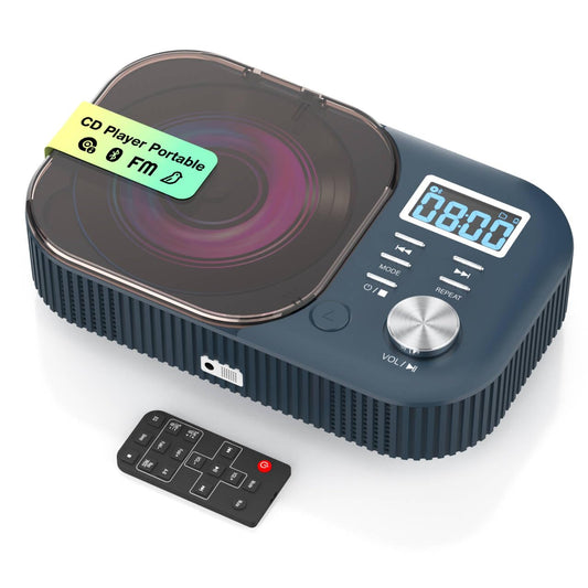 CD Player Portable,MONODEAL White Noise Portable CD Player with Bluetooth/Dual Stereo Speakers,Support FM Radio/USB/AUX,Remote Control,4000mAh Rechargeable CD Players for Car/Home Navy Blue