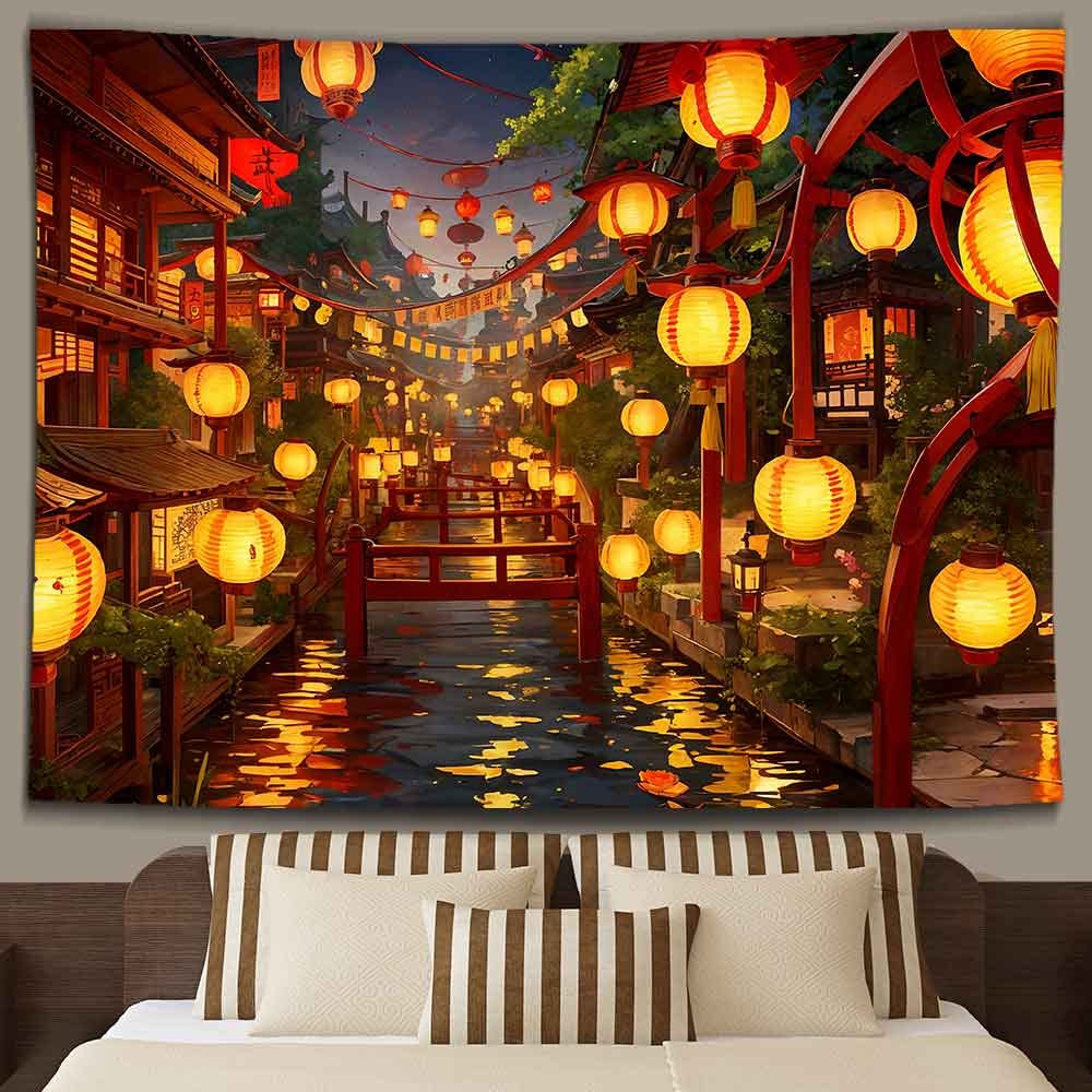 Ine Ive Japanese Tapestry Wall Hanging Large Size 93x71 Inch | Traditional Japan Streets filled with lanterns tapestry for Bedroom Living Room Dorm Office Restaurant Wall Decor BST202