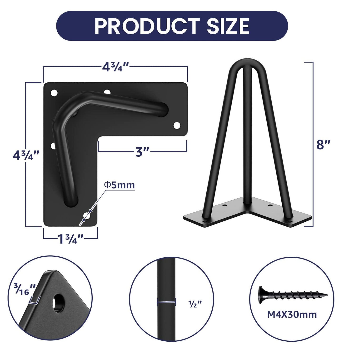 SMARTSTANDARD 16 Inch Hairpin Table Legs, 3 Steel Rods 1/2 Inch Pipe Diameter, 800lbs Load Capacity, Mid-Century Style for Coffee Table, Side Table, Night Stand (Black, 4PCS) BST220
