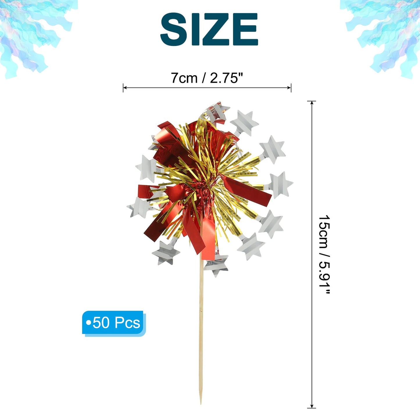 PATIKIL Firework Cupcake Toppers, 50 Pcs Sparkle Tinsel Snow Cupcake Picks Birthday Party Graduation Wedding Foil Decor Cocktail Food Fruit Toothpicks Christmas, Red BST326H
