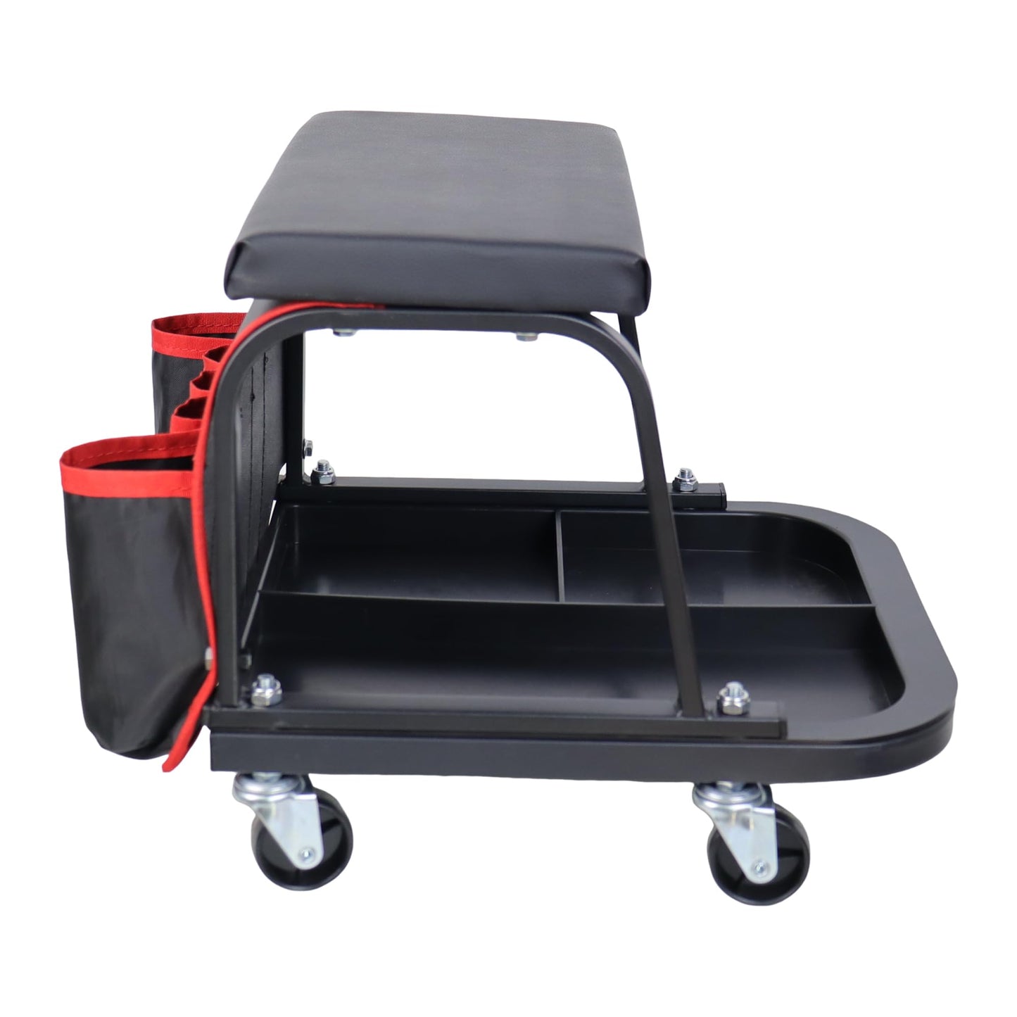 Rolling Mechanic Garage Stool on Wheels with Padded Cushion, Tool Tray Storage and Side Pockets, 300 LBS Capacity, Red BST220