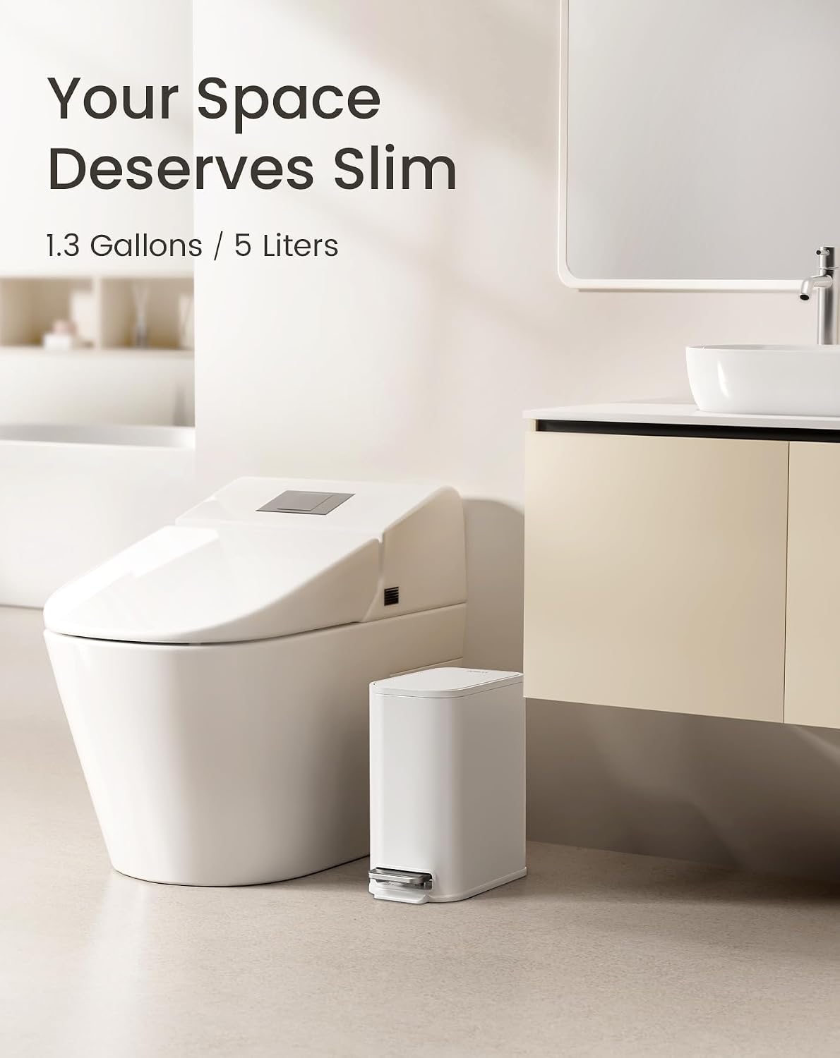 Cesun Small Bathroom Trash Can with Lid Soft Close, Step Pedal, 5 Liter / 1.3 Gallon Stainless Steel Garbage Can with Removable Inner Bucket, Waste Basket for Bathroom, Bedroom (White) DD1210