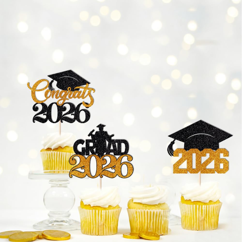 24Pcs Graduation Cupcake Topper, Glitter Class of 2026 Cupcake Topper Supplies for 2026 Congrats Grad Cap Diploma Cake Decor Graduate Celebration Party Cake Decorations Supplies (Black - 24) BST326L