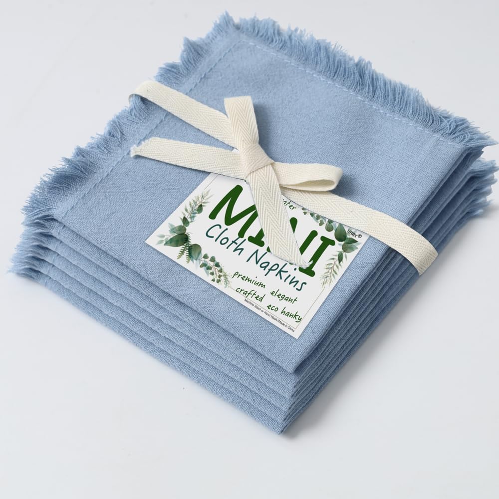 Eco Hanky 10x10in Reusable Small Cotton Napkins (Rustic Fringe), LPK,6pk | Ideal for Kids Napkins for Lunch, Suitable for Dinners, Weddings, Birthday, Cocktail Parties BST220