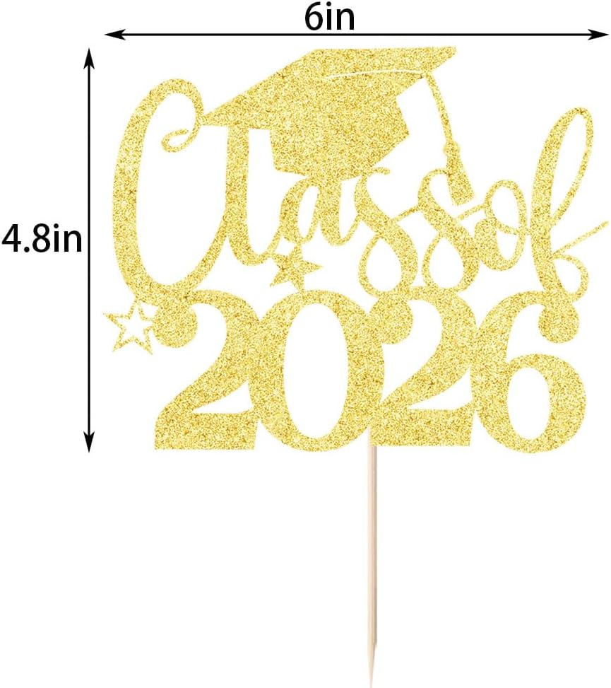 Class of 2026 Cake Topper | Gold Glitter Grad Cap Cake Pick-Boys Girls primary school High School College 2026 Graduation Theme Party Cake Decor Supplies BST202