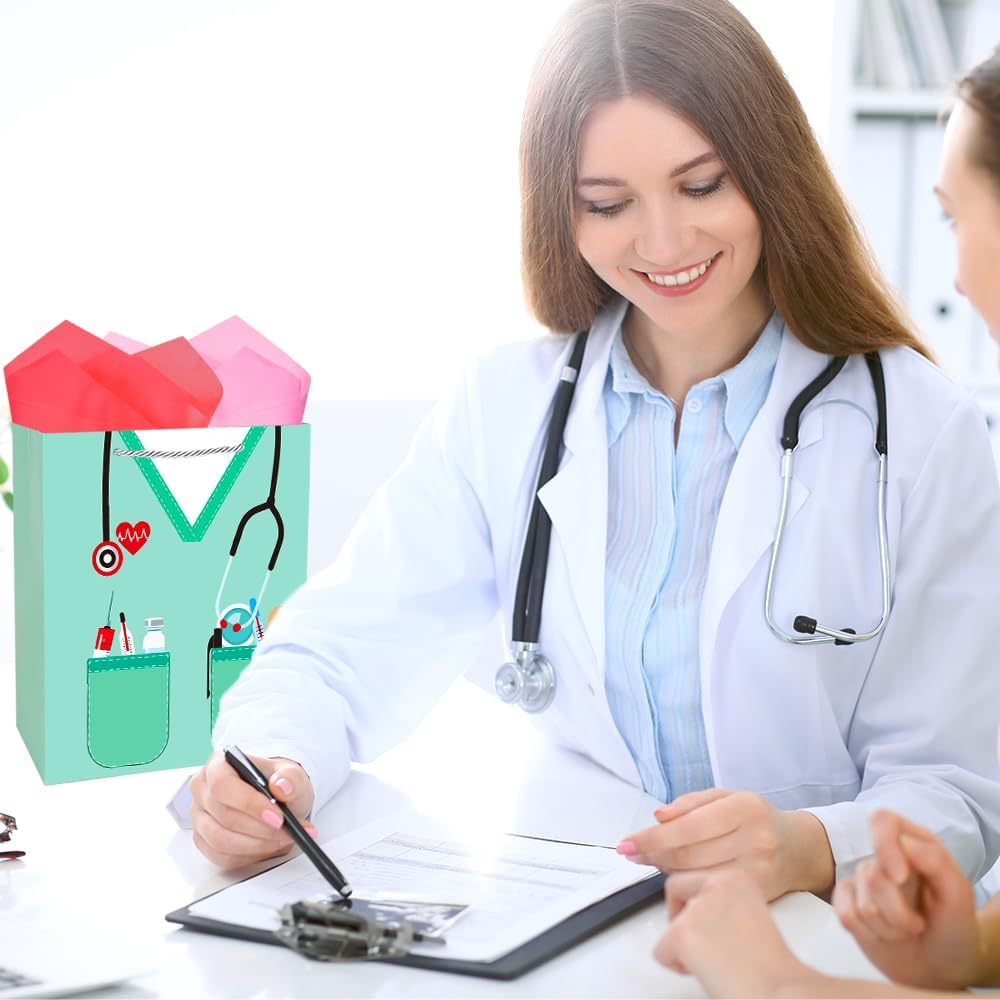 Nurse Graduation Gift Bag, Large Nurse Gift Bags with Tissue Paper, Nurses Paper Goodie Bags with Handles, Nurses Appreciation Gifts for Women Doctor Medical School Nursing Graduation Party Supplies BST326H