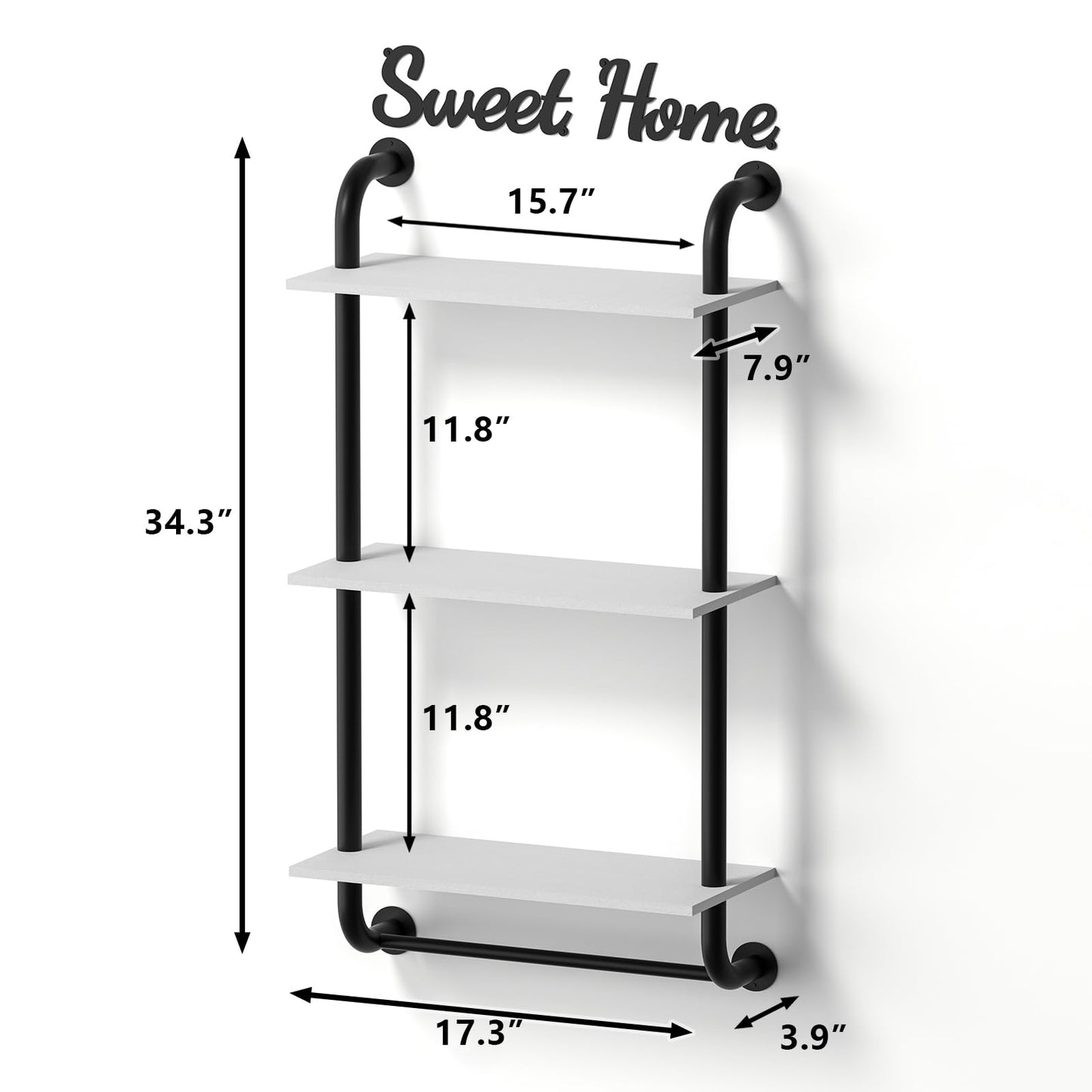 Tinpin Bathroom Shelves Wall Mounted, Rustic Farmhouse Pipe Shelves, Walls Shelf 3-Tier, Industrial Pipe Shelving, Floating Shelf Wall Decor for Bathroom, Kitchen, Bedroom, Living Room 17.3in Black DD1210