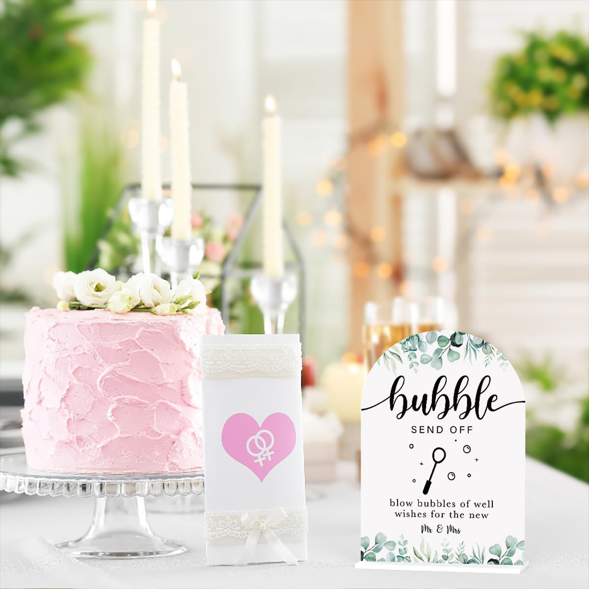 Acrylic Wedding Sign Bubble Send Off Signs for Ceremony Modern Calligraphy Arch Acrylic Table Top Signs for Wedding Reception and Event Party Table Decor (White Eucalyptus Leaves) BST326L