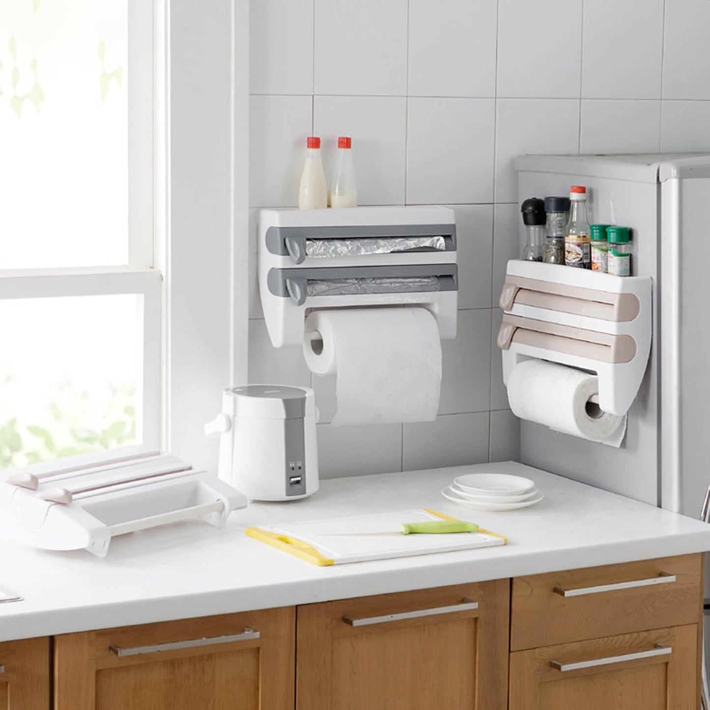 Plastic Wrap Dispenser Wall Mounted Paper Towel Holder with Side Button Inside Cutter No Drill Easy Installation Multifunctional Storage for Kitchen Cling Film Aluminum Foil Garbage Bags BST202