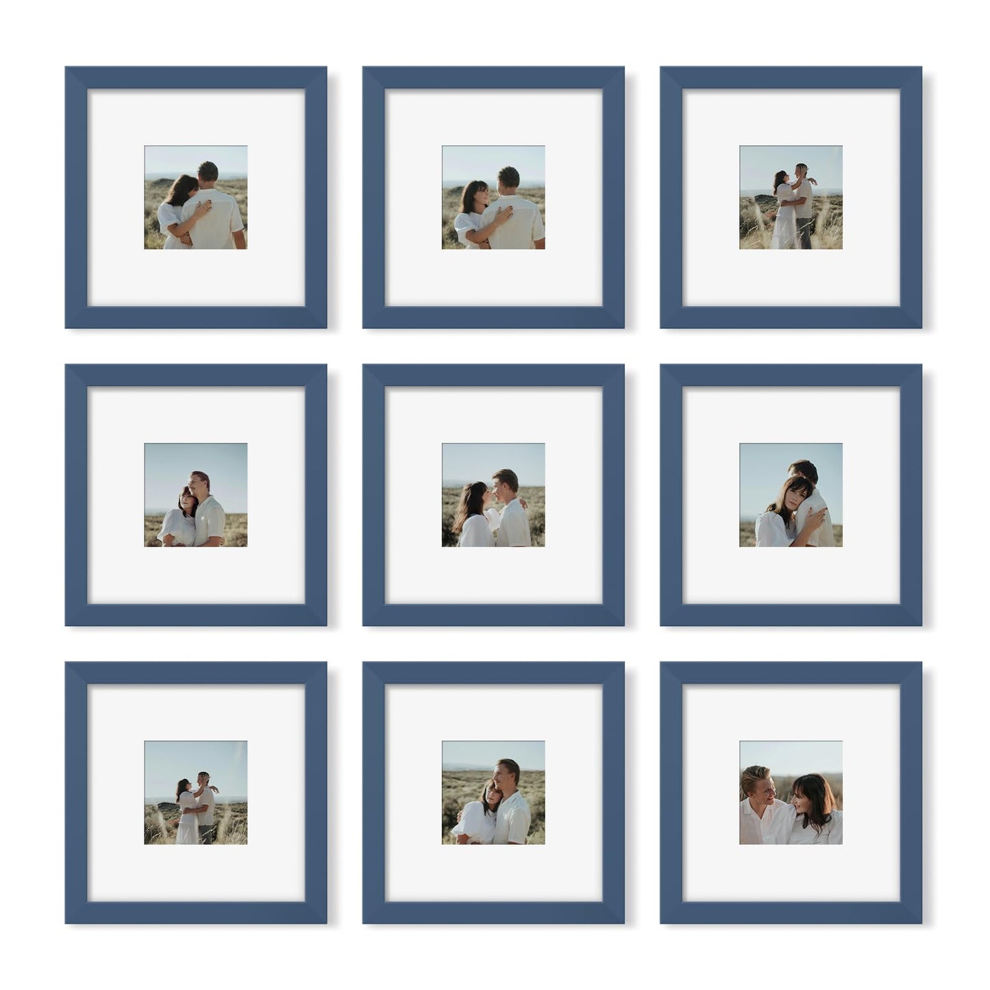 YESKAY 8x10 Picture Frame Set of 9, Display Pictures 5x7 with Mat or 8 x 10 Without Mat, Multi Photo Frames for Wall Mounting or Table Top Display, Blue BST326H