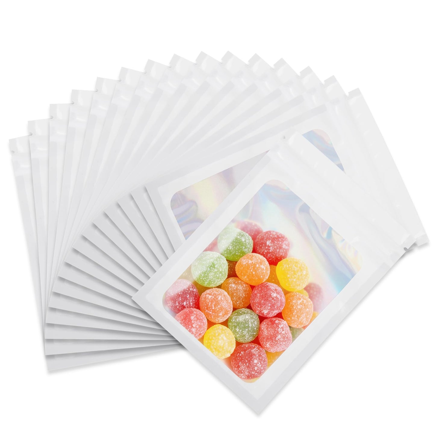 Holographic Mylar bags -100Pcs Self-Seal Resealable Zip Baggies with Clear Window, Smell Proof Laser Iridescent White 3x4.7 inch for Small Business Samples, Party favors,Snacks,Jewelry BST326L