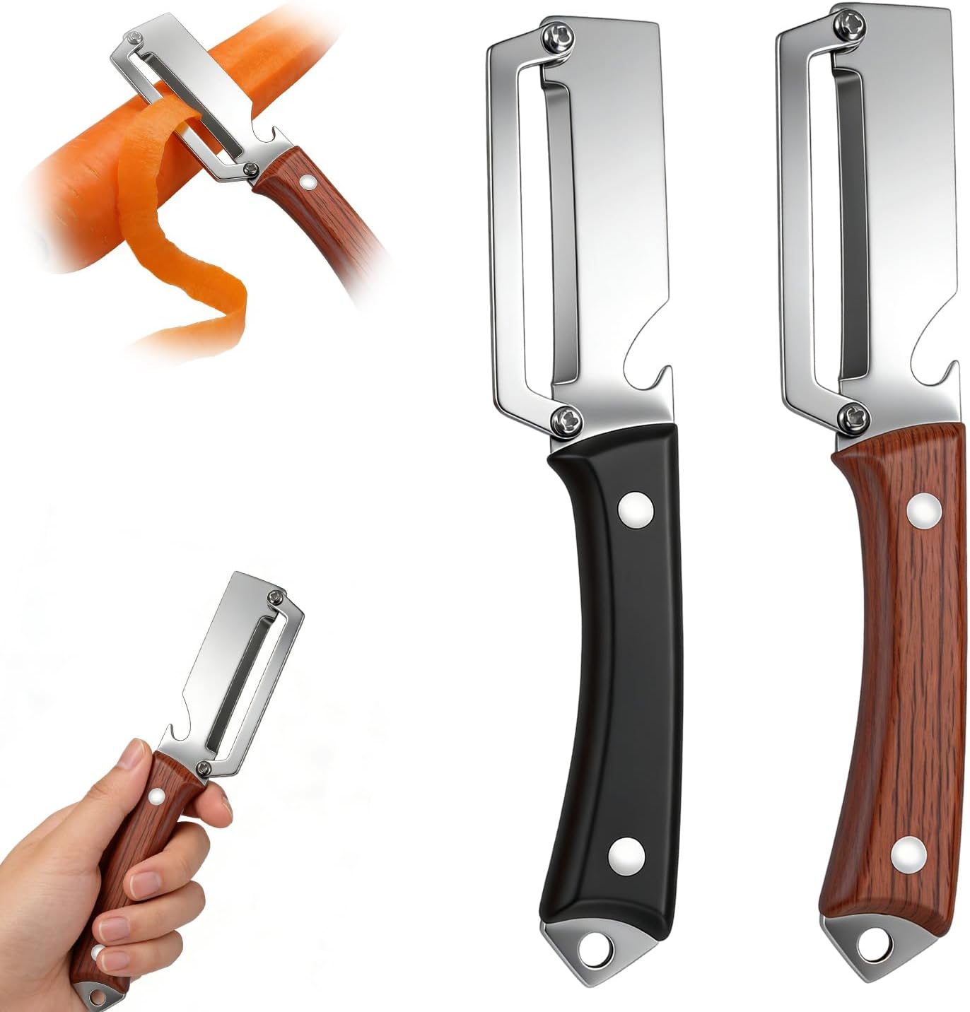 2PCS Premium Vegetable Peeler with Wooden Handle and Bottle Opener,Multifunctional 2-in-1 Stainless Steel Kitchen Tool for Potato Fruit Pineapple Pumpkin Papaya Carrot Vegetable Peeler(Mix) BST326H