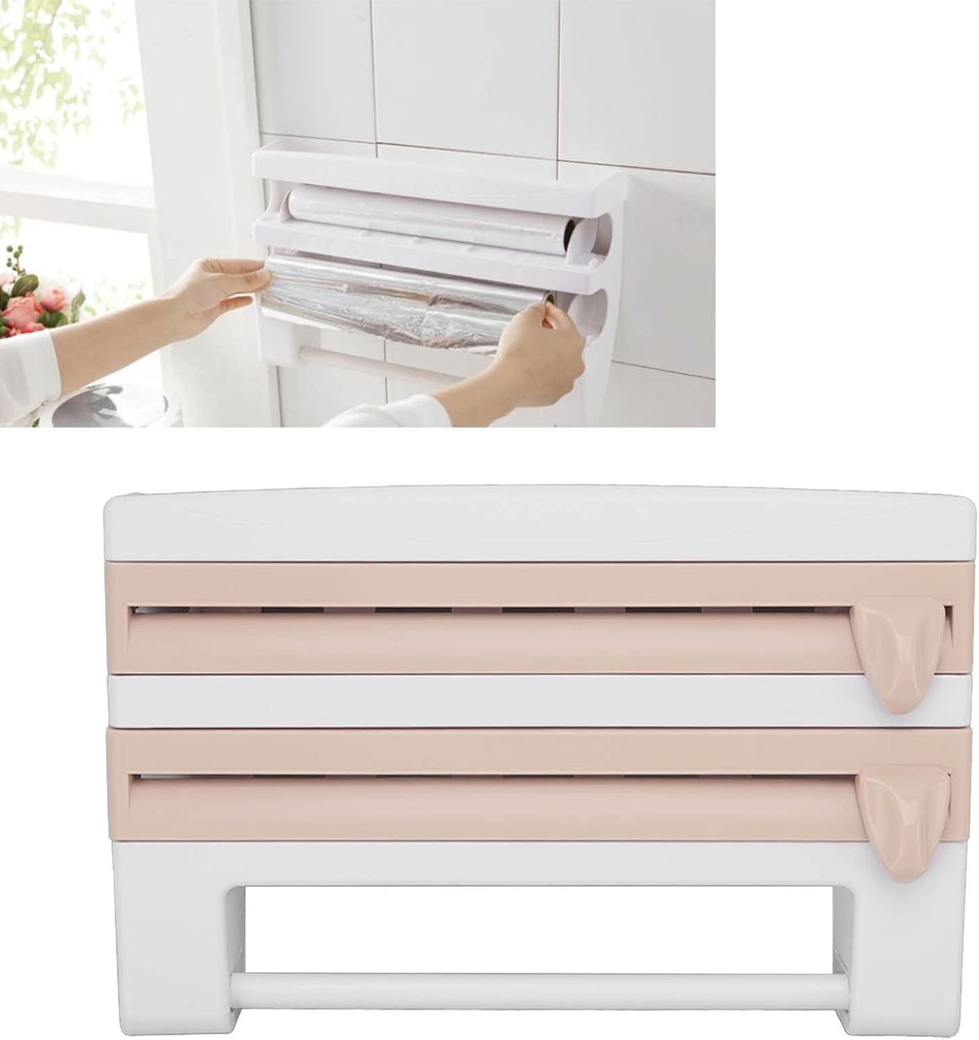 Plastic Wrap Dispenser Wall Mounted Paper Towel Holder with Side Button Inside Cutter No Drill Easy Installation Multifunctional Storage for Kitchen Cling Film Aluminum Foil Garbage Bags BST202