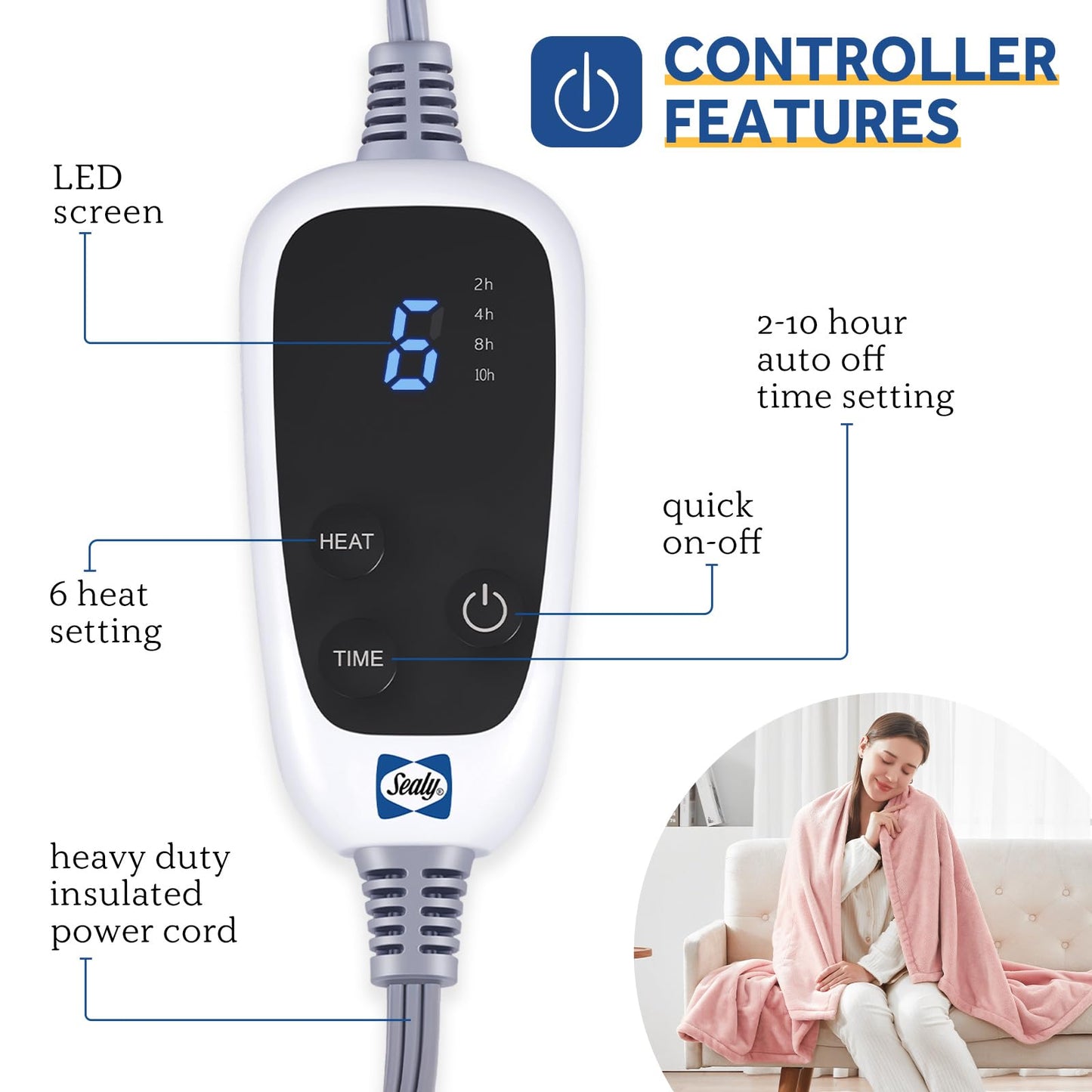 Sealy Heated Electric Blanket Queen Size, Flannel Electric Blanket with 10 Heating Levels & 1-12 Hours Auto Shut Off, Fast Heating Warming Blanket, Machine Washable, Grey, 84 x 90 Inch