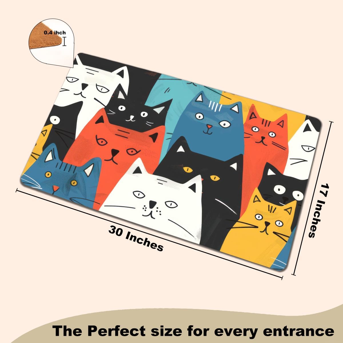 Funny Cat Door Mat 18x30 Inch, Faux Coco Coir Doormat with Non-Slip PVC Backing, Cats Printed Welcome Mat for Outdoor Indoor Entryway Porch Home Kitchen Patio, Cat Lover Gifts for Women Mom BST202