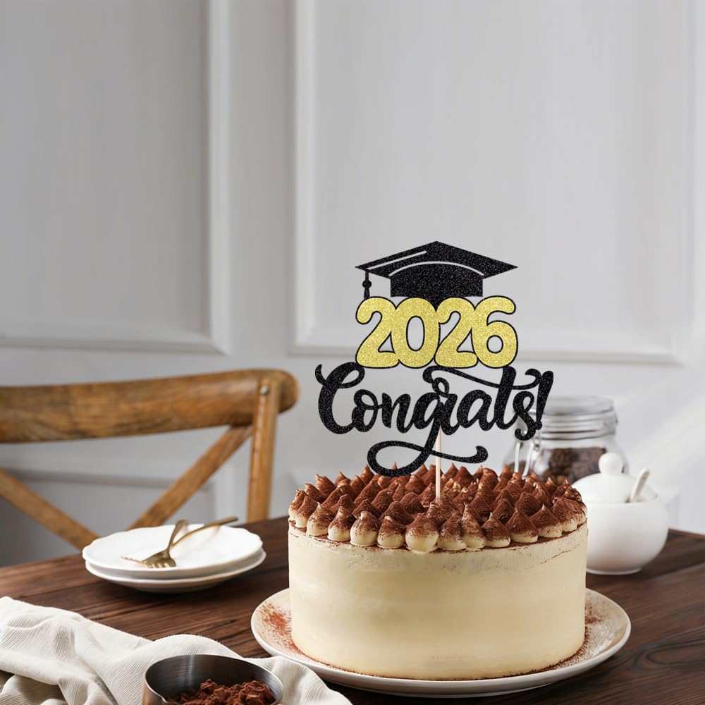 24Pcs Graduation Cupcake Topper, Glitter Class of 2026 Cupcake Topper Supplies for 2026 Congrats Grad Cap Diploma Cake Decor Graduate Celebration Party Cake Decorations Supplies (Black - 24) BST326L