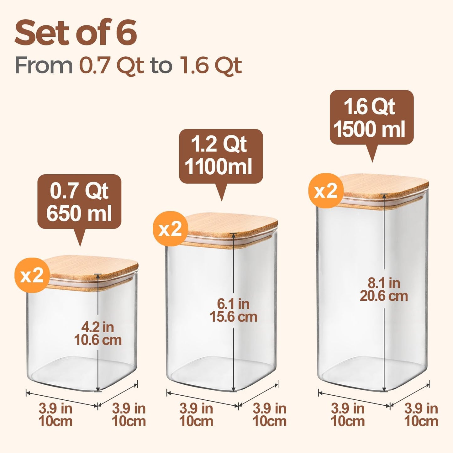 ComSaf 0.6 Qt Glass Food Storage Jars Set of 6, Clear Storage Containers with Airtight Lids, Pantry Organization Jar, Spice Jar, Blooming Tea, Coffee and Sugar Container, Canister Set for Kitchen BST220