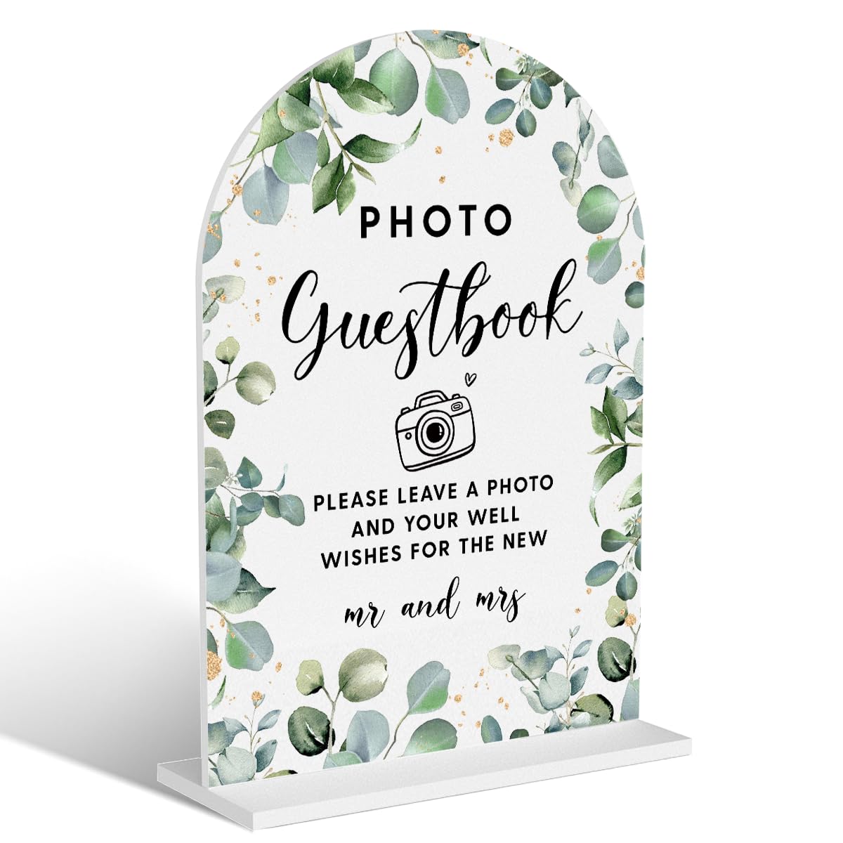 Acrylic Wedding Signs, Bubble Send Off Signs for Marriage Reception, Bridal Shower Decorations, Modern Arched Round Top Acrylic Table Top Sign with Holder for Wedding Party (White Eucalyptus Leaves) BST326L