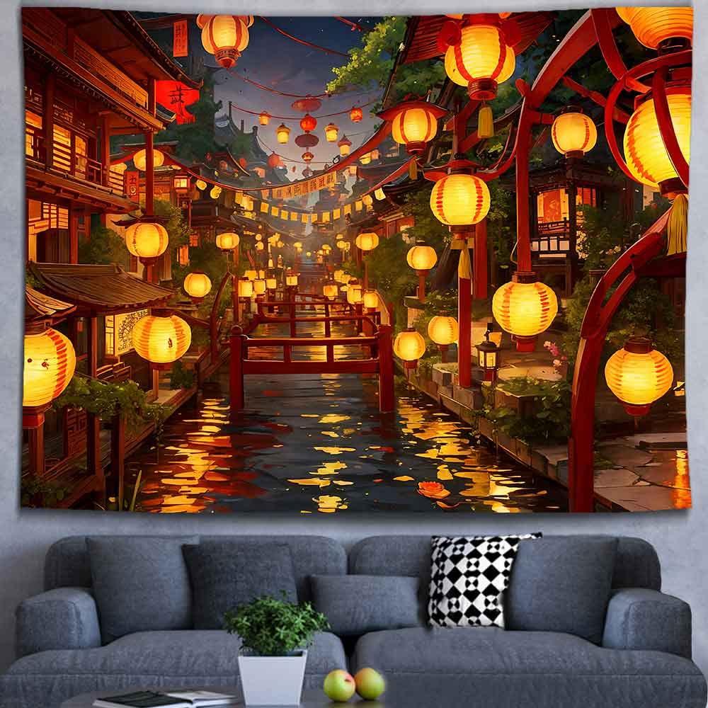 Ine Ive Japanese Tapestry Wall Hanging Large Size 93x71 Inch | Traditional Japan Streets filled with lanterns tapestry for Bedroom Living Room Dorm Office Restaurant Wall Decor BST202