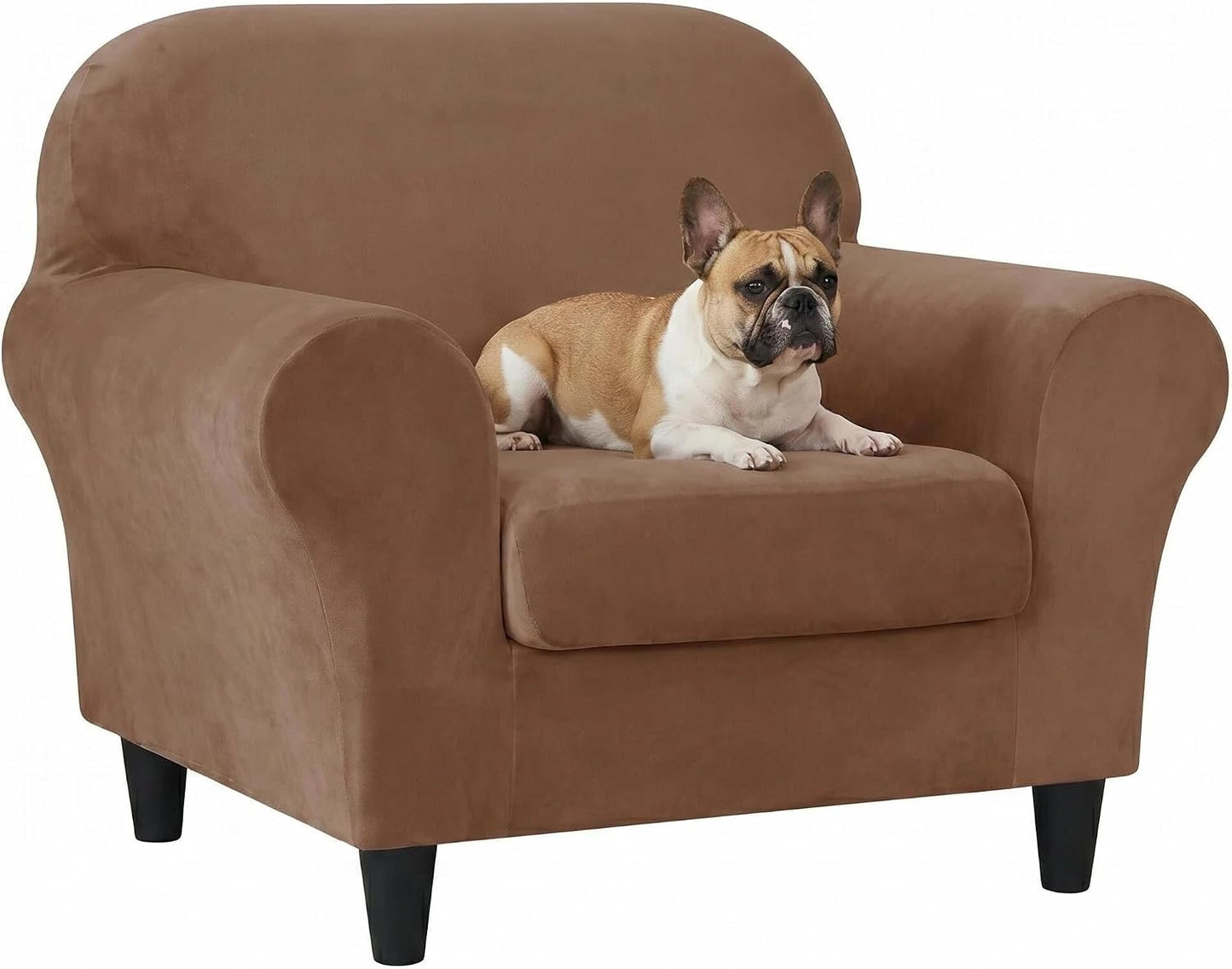 Velvet Loveseat Couch Covers for 2 Cushion Couch Sofa - High Stretch 3 Pieces Washable Furniture Protector with Elastic Bottom for Kids,Pets (Brown, Armchair (1 Cushion)) WN420