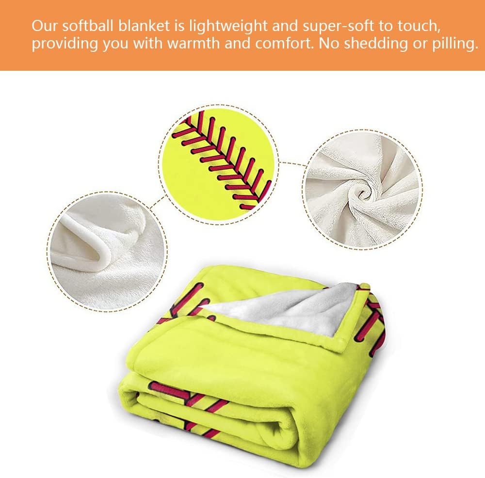 COLLA Softball Blanket, Softball Gift for Girls Youth, Soft Fuzzy Throw Blanket, 50x40 Inch, Green, Baseball Pattern, Unisex, Modern Style, Braid Embellishment WN420