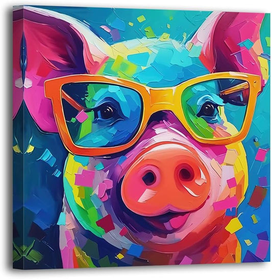 LURENCZH Pig Canvas Wall Art Pig with Glasses Picture Prints Colorful Animal Paintings for Bedroom Kid Room Decor Framed(Animal-2,12.00" x 12.00") BST326H