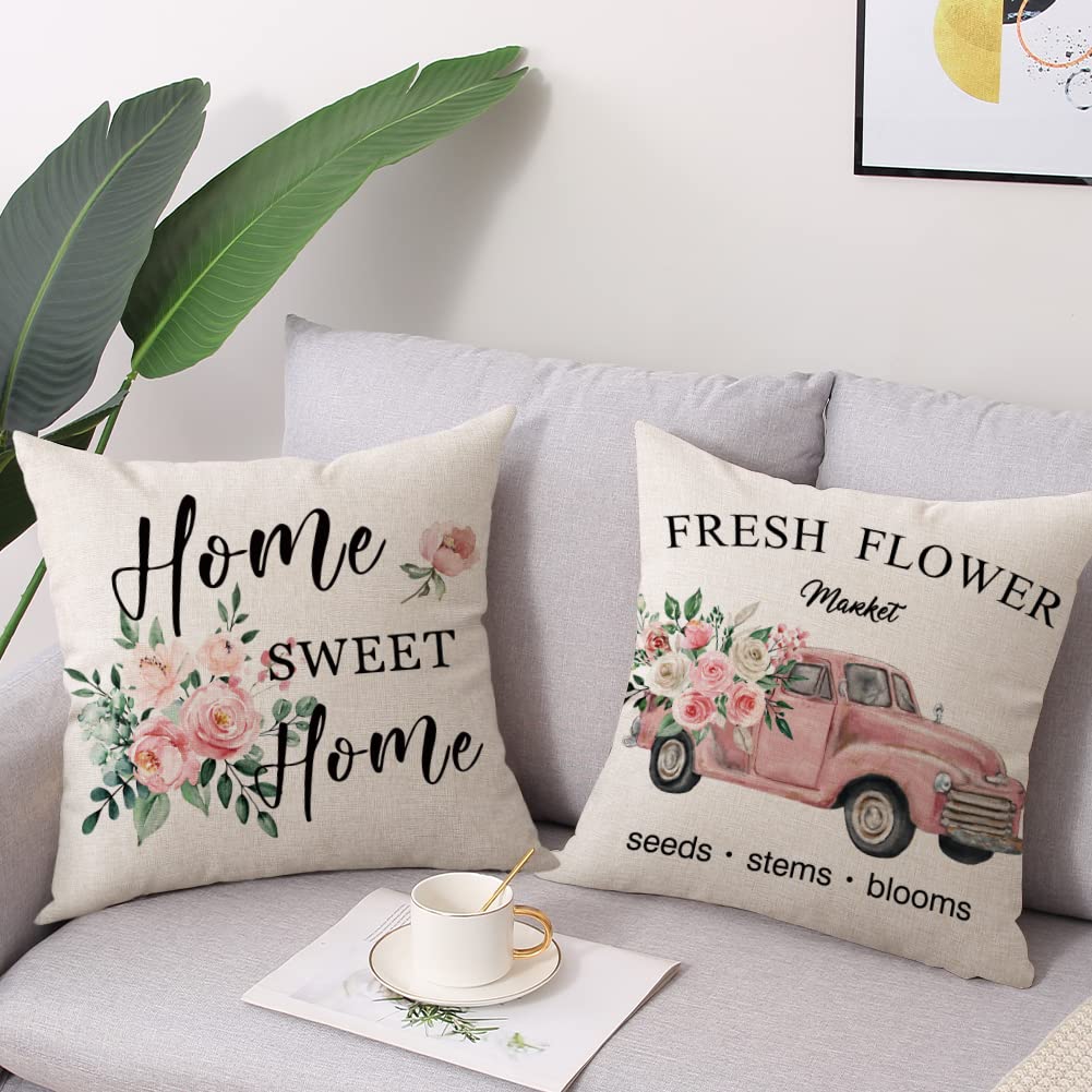 Spring Easter Pillow Covers 18x18 Set of 2 Rabbit Bunny Carrot Truck Spring Flowers Decorative Throw Pillow Covers for Home Office Sofa Bed Couch BST326L