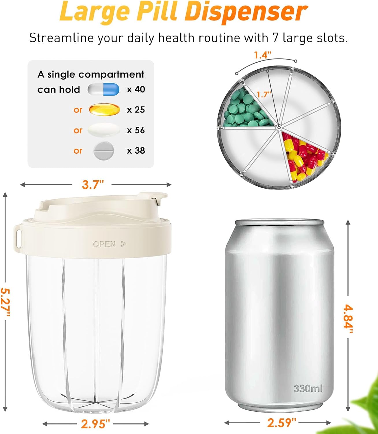 Pill Dispenser with 7 Large Compartments - Portable Pill Organizer for Travel, Anti-Mix Design & Wide Opening Design, Easy Access to Vitamin Dispenser, Includes 20 Blank Stickers (White) WN420