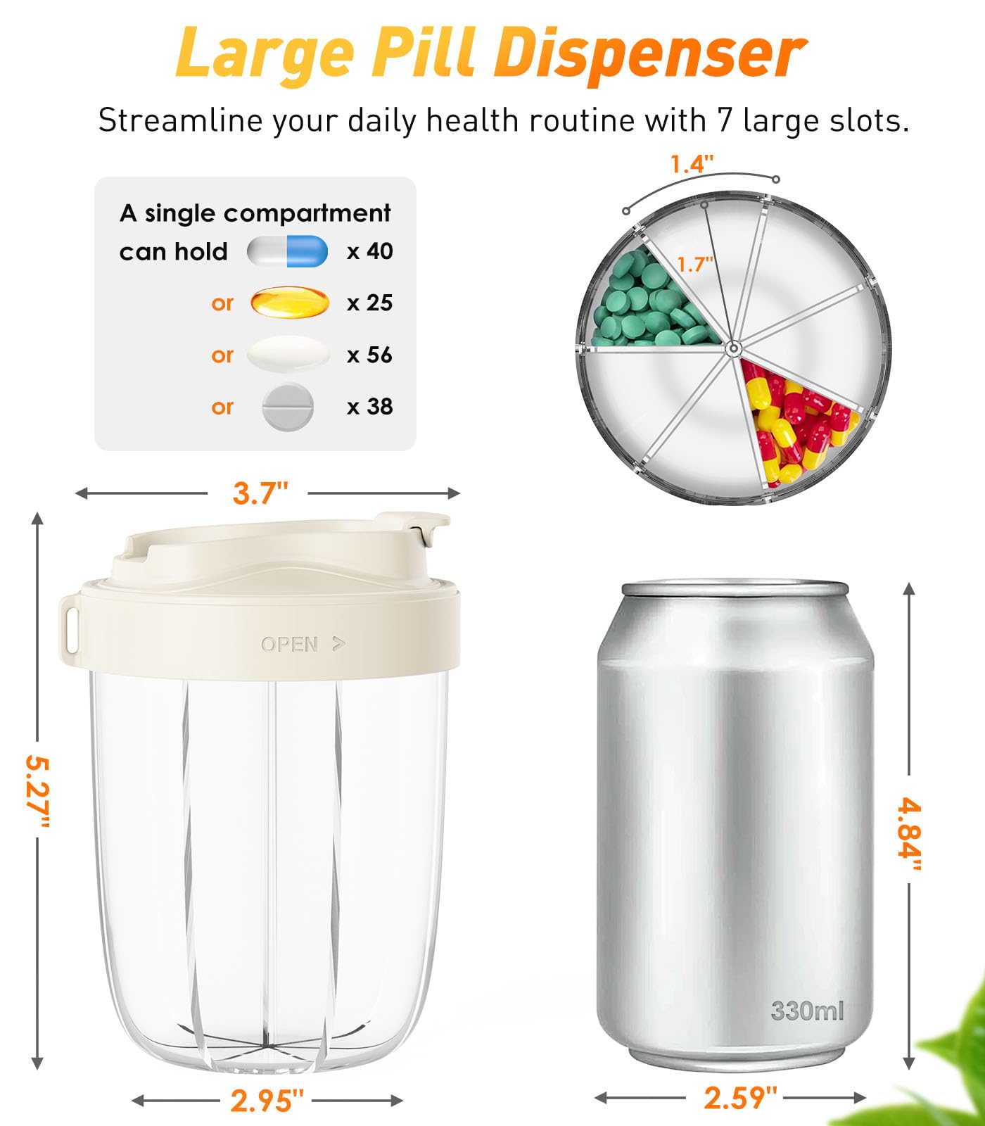Pill Dispenser with 7 Large Compartments - Portable Pill Organizer for Travel, Anti-Mix Design & Wide Opening Design, Easy Access to Vitamin Dispenser, Includes 20 Blank Stickers (White) WN420