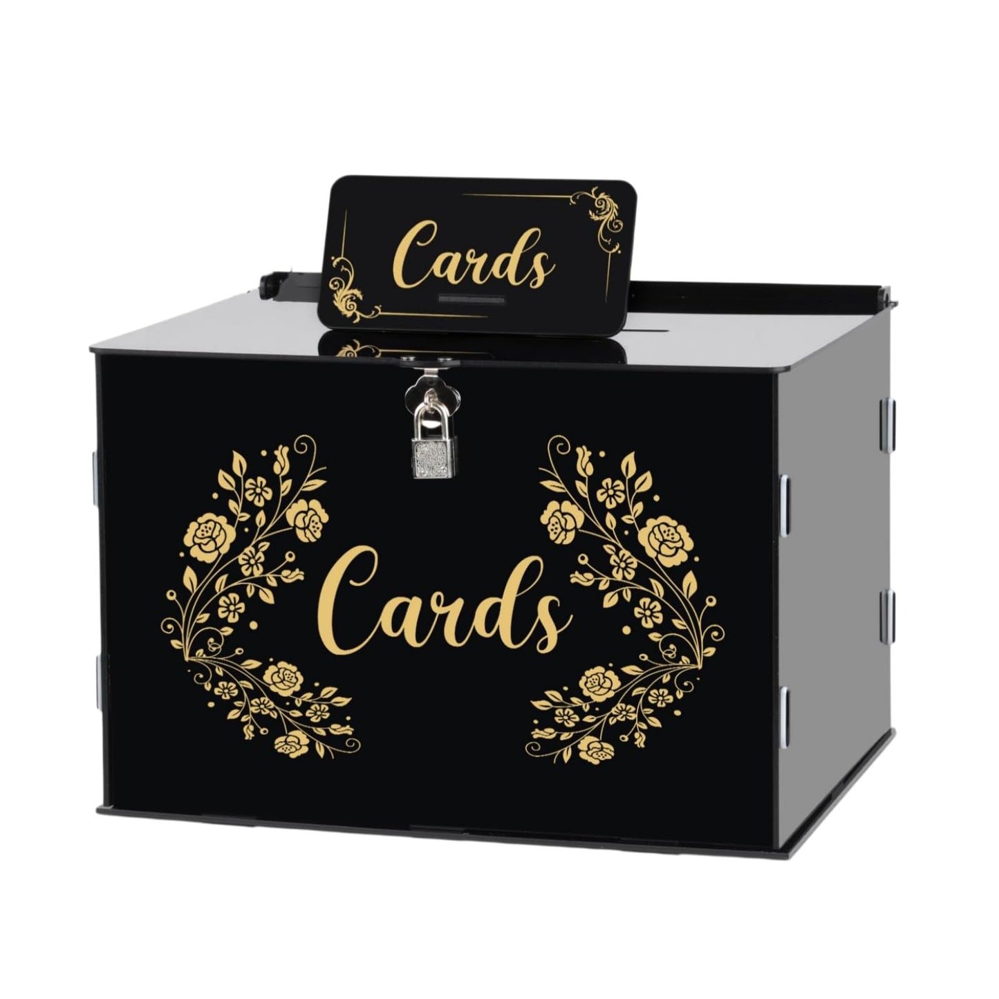Fowecelt Acrylic Wedding Card Box with Lock Black Card Box DIY Large Rustic Card Box for Wedding Reception Bridal Shower Birthday Baby Shower Party Graduation Decorations (10x10x10 Inch) BST326H