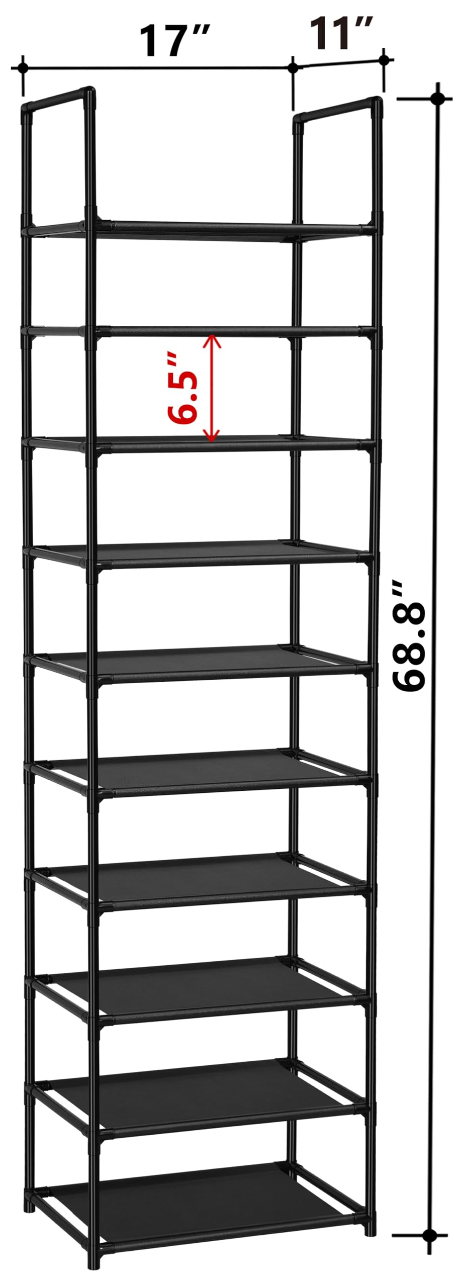 FIDUCIAL HOME 10 Tiers Shoe Rack Organizer 20 Pairs Tall Shoe Shelf | Tall Narrow Space Saving for Closet Entryway Dorm, Easy to Assemble, 17"L x 11"W x 68.8"H, Black BST220
