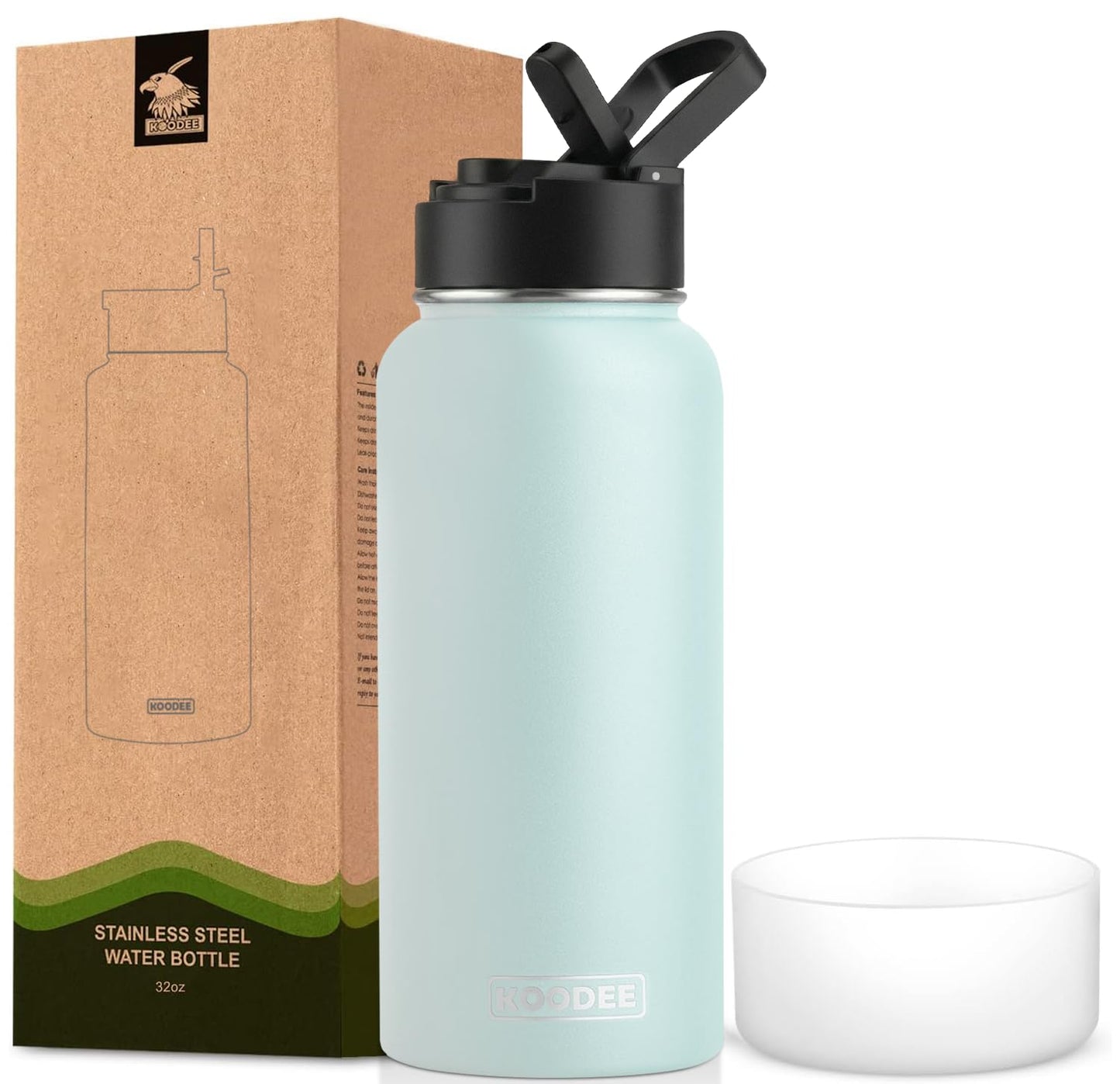 koodee Water Bottle-12 oz Stainless Steel Double Wall Vacuum Insulated Water Bottle for School-Wide Mouth Flask with Straw Lid (Teal) BST220