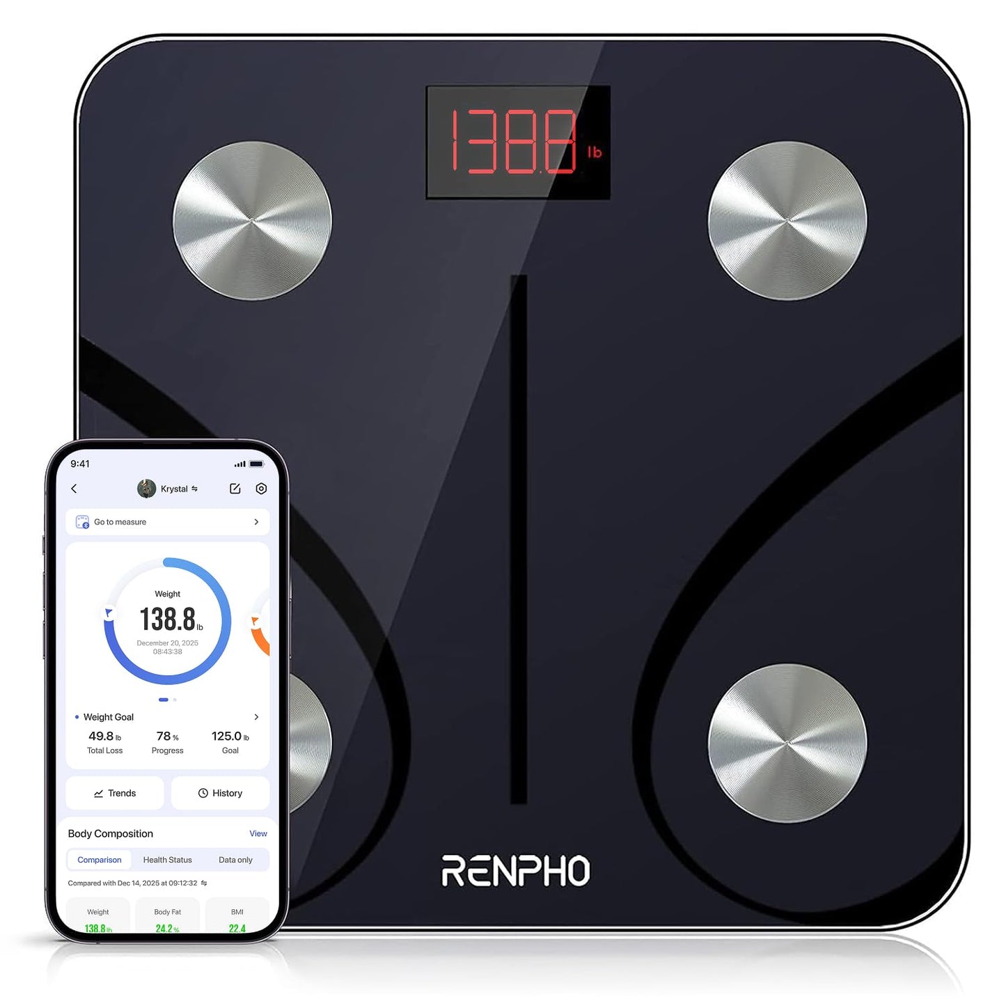 RENPHO Smart Scale for Body Weight, FSA&HSA Eligible, Bathroom Digital Scale with BMI, Body Fat, Bluetooth Fitness Equipment Sync with Apps, Accurate for Weight Loss, Home Use, 400 lbs - Elis 1