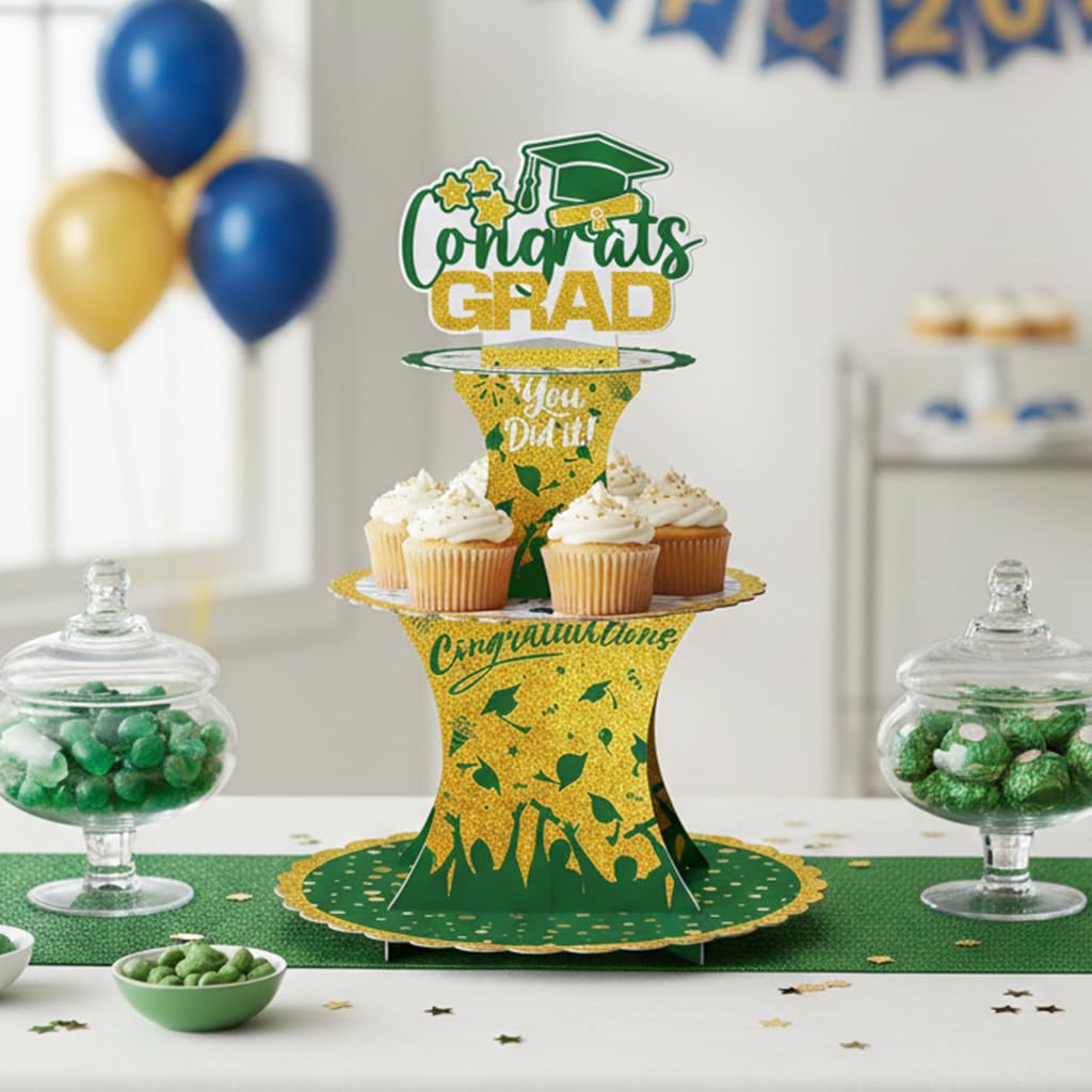 Graduation Cupcake Stand Decoration, 3 Tier Congrats Grad Party Cupcake Holder Tower, Cardboard Grad Theme Dessert Cookies Stand for Graduation Party Supplies Favors (Black & Gold) BST220