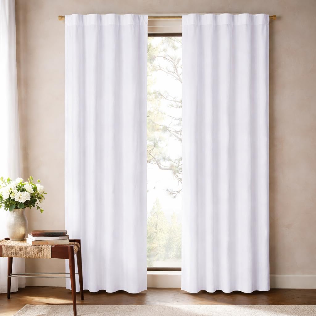 Bedding Craft Curtains 63 Inch Length - White Poly Cotton Slub Drapes with Tab Top, Set of 2, Ideal for Bedroom, Living Room, and Office_ 50x63 inch BST220