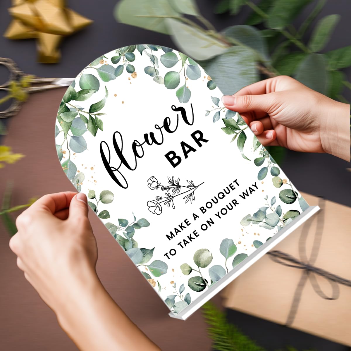 Acrylic Wedding Signs, Bubble Send Off Signs for Marriage Reception, Bridal Shower Decorations, Modern Arched Round Top Acrylic Table Top Sign with Holder for Wedding Party (White Eucalyptus Leaves) BST326L