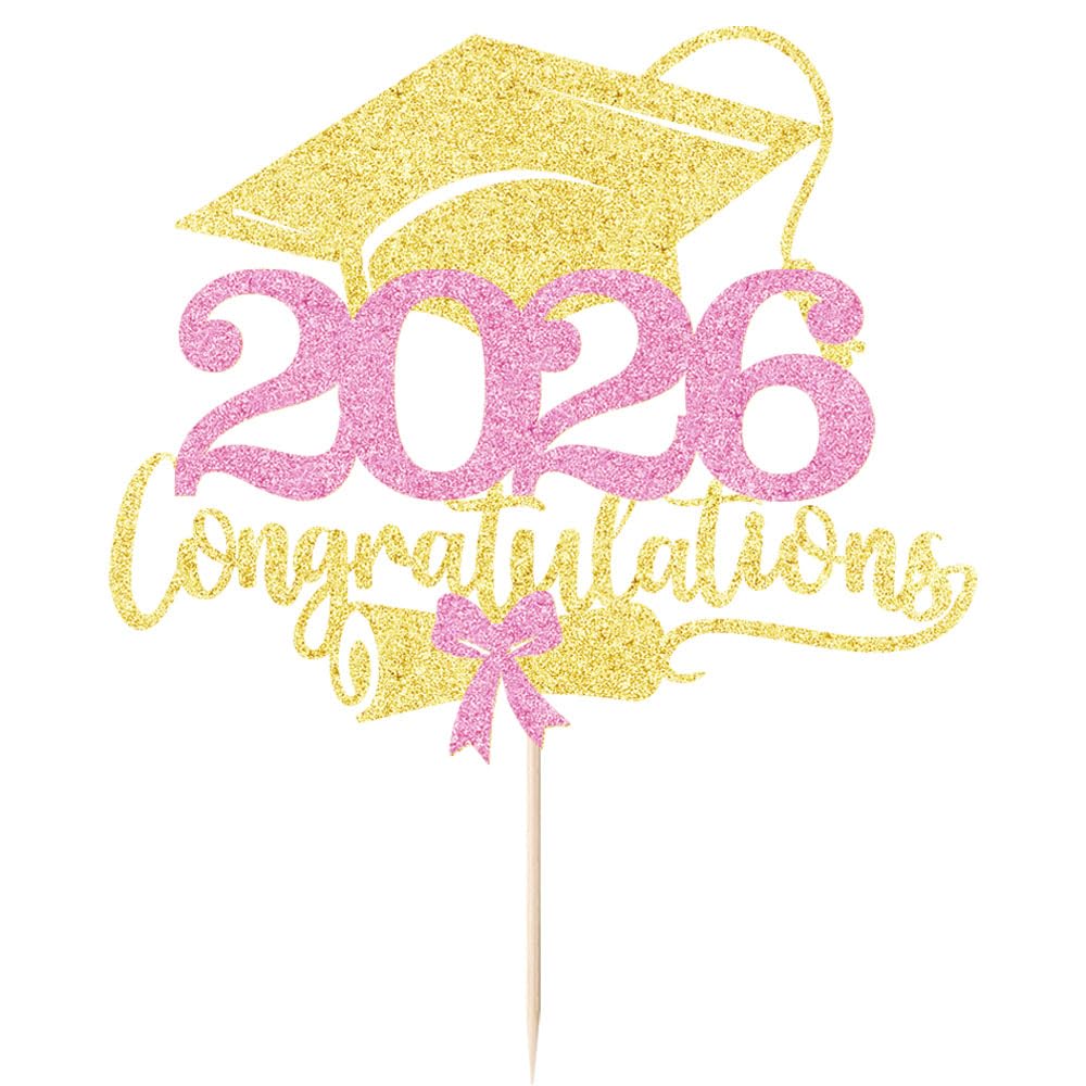 Class of 2026 Cake Topper | Gold Glitter Grad Cap Cake Pick-Boys Girls primary school High School College 2026 Graduation Theme Party Cake Decor Supplies BST202