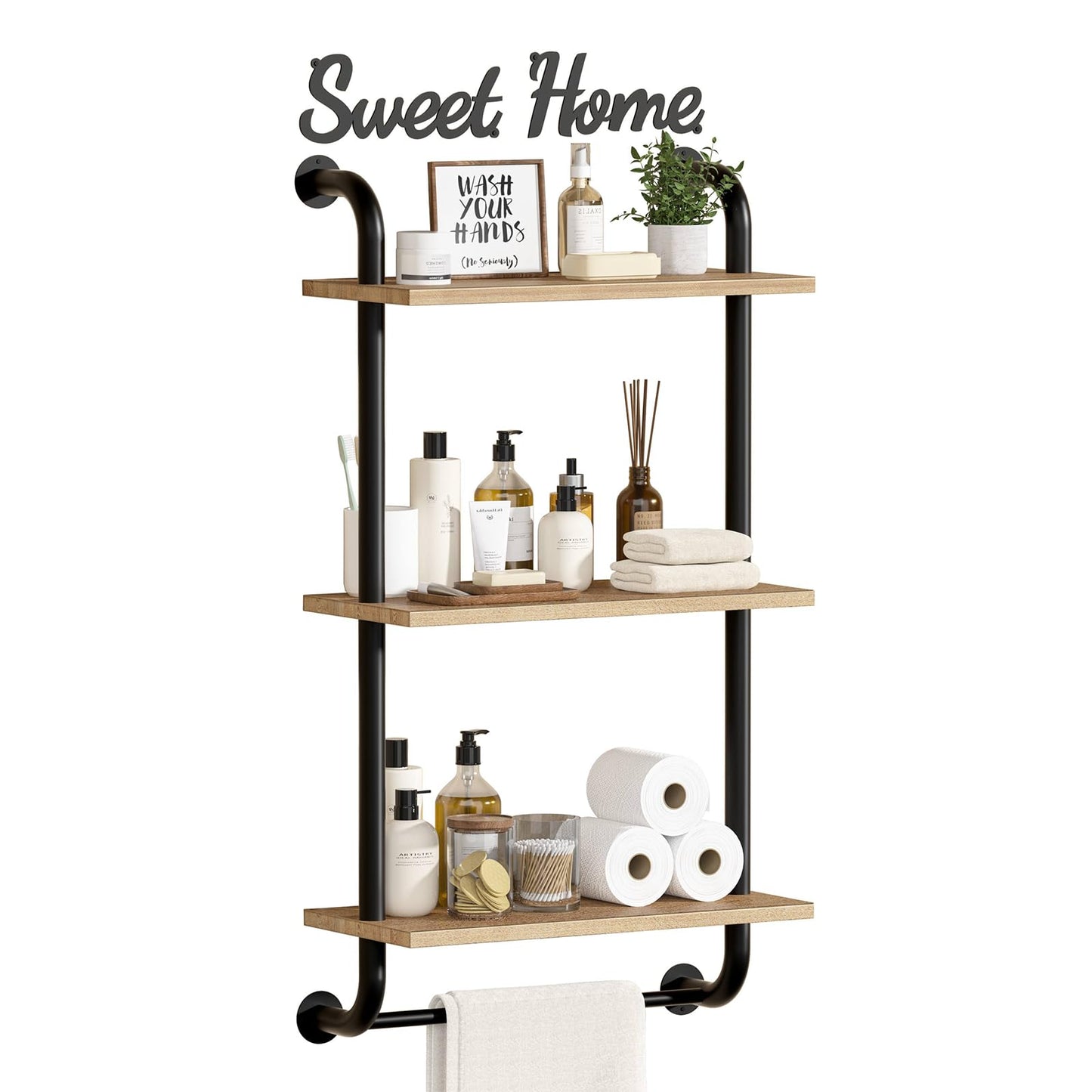 Tinpin Bathroom Shelves Wall Mounted, Rustic Farmhouse Pipe Shelves, Walls Shelf 3-Tier, Industrial Pipe Shelving, Floating Shelf Wall Decor for Bathroom, Kitchen, Bedroom, Living Room 17.3in Black DD1210