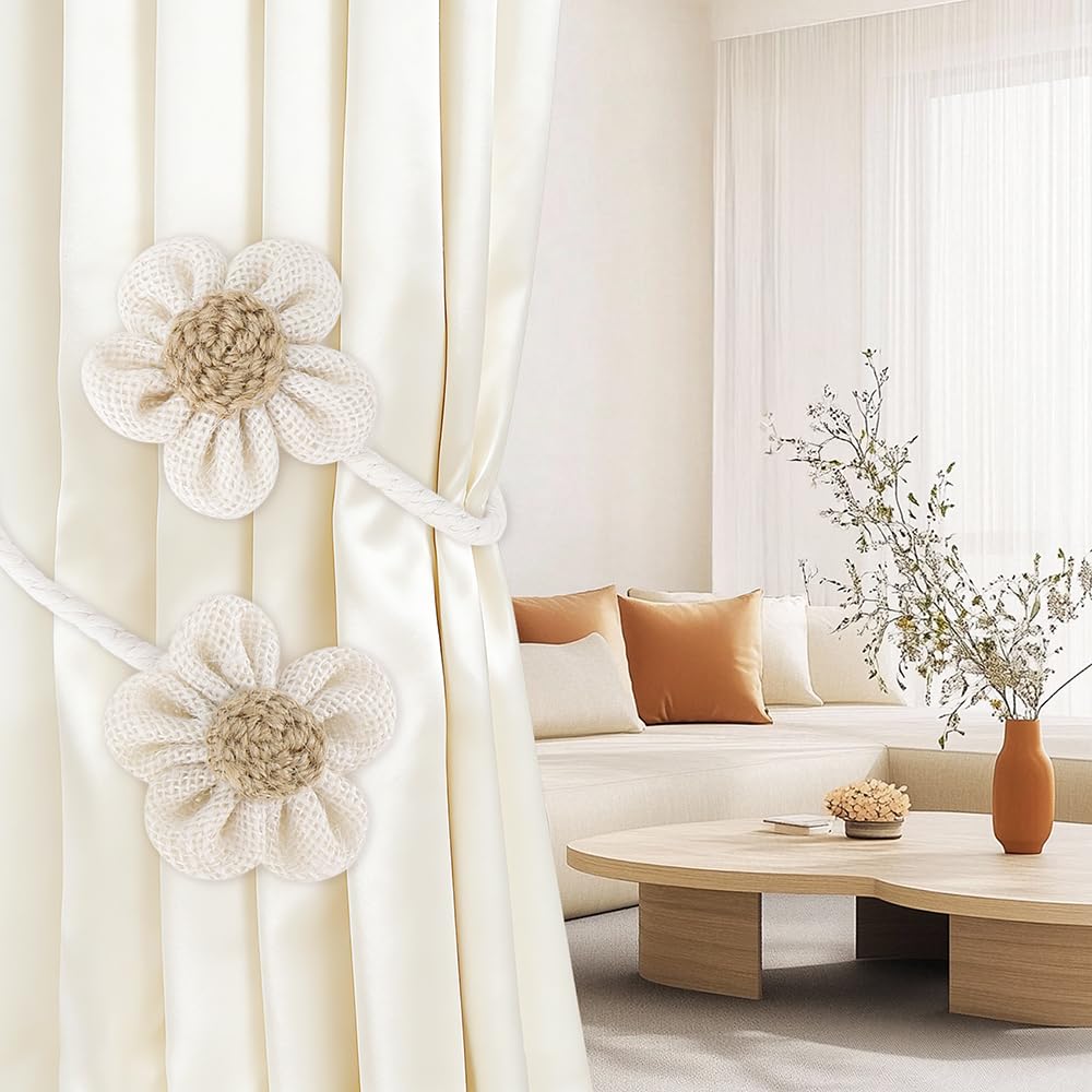 Flower Curtain Tiebacks, 2 Pack Cute Curtain Tie Backs Decorative Curtains Ties Set Tie Backs Holders for Windows Elegant Curtains Holdbacks for Home Office Bedroom Living Room Decoration(Beige) BST326H