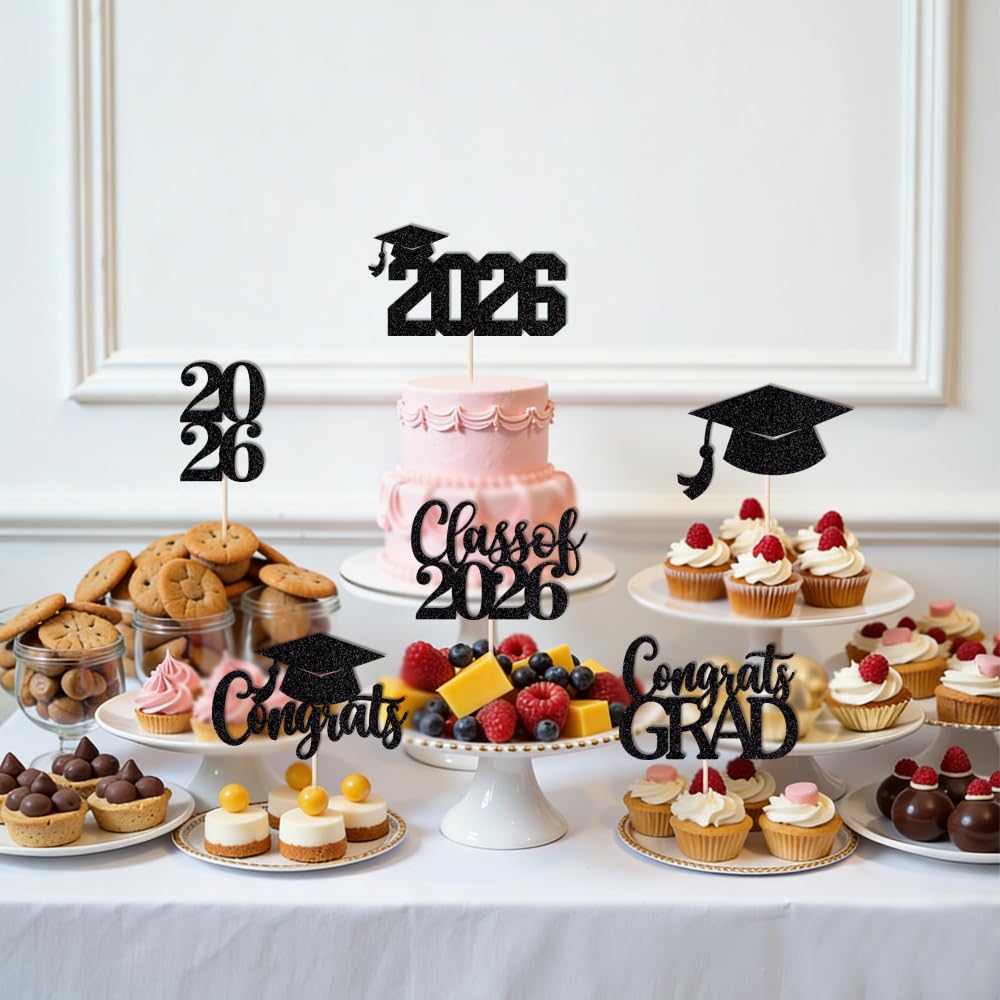 24Pcs Graduation Cupcake Topper, Glitter Class of 2026 Cupcake Topper Supplies for 2026 Congrats Grad Cap Diploma Cake Decor Graduate Celebration Party Cake Decorations Supplies (Black - 24) BST326L