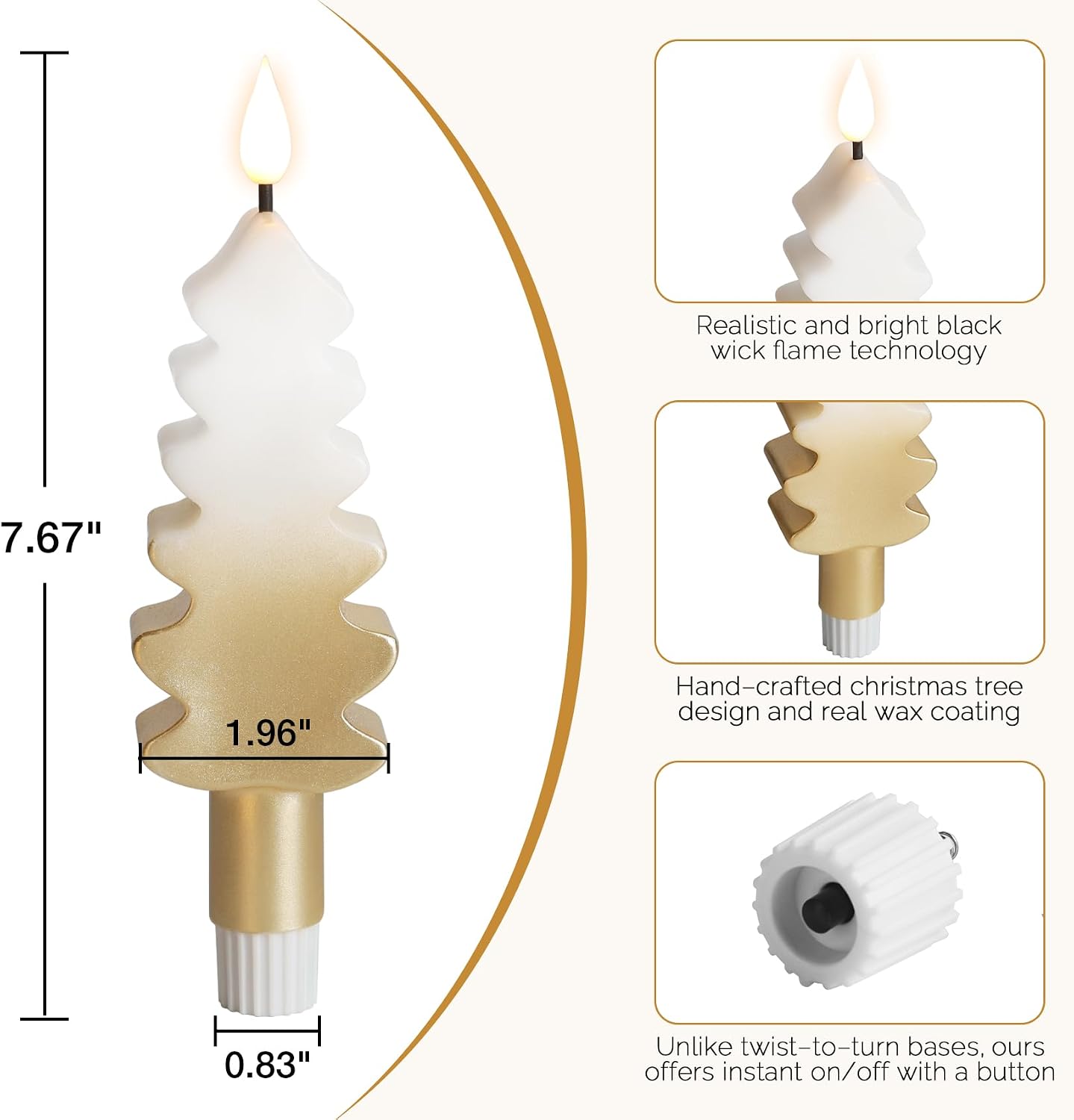 Eywamage Gold Christmas Tree Flameless Taper Candles with Remote, Short Battery Operated LED Wax Candlesticks Set of 4 WN420
