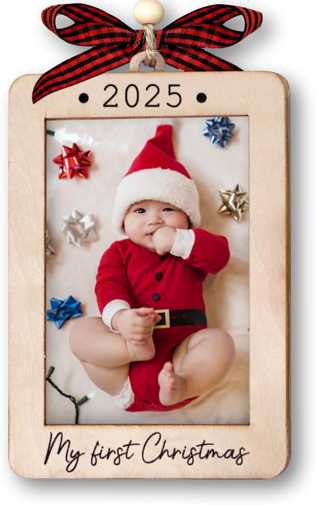 Hangwoous Baby's First Christmas Photo Frame Ornament 2025 | Wooden portrait frame keepsake, first Christmas photo gift for baby BST202