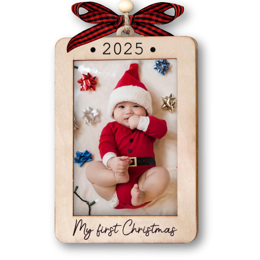Hangwoous Baby's First Christmas Photo Frame Ornament 2025 | Wooden portrait frame keepsake, first Christmas photo gift for baby BST202