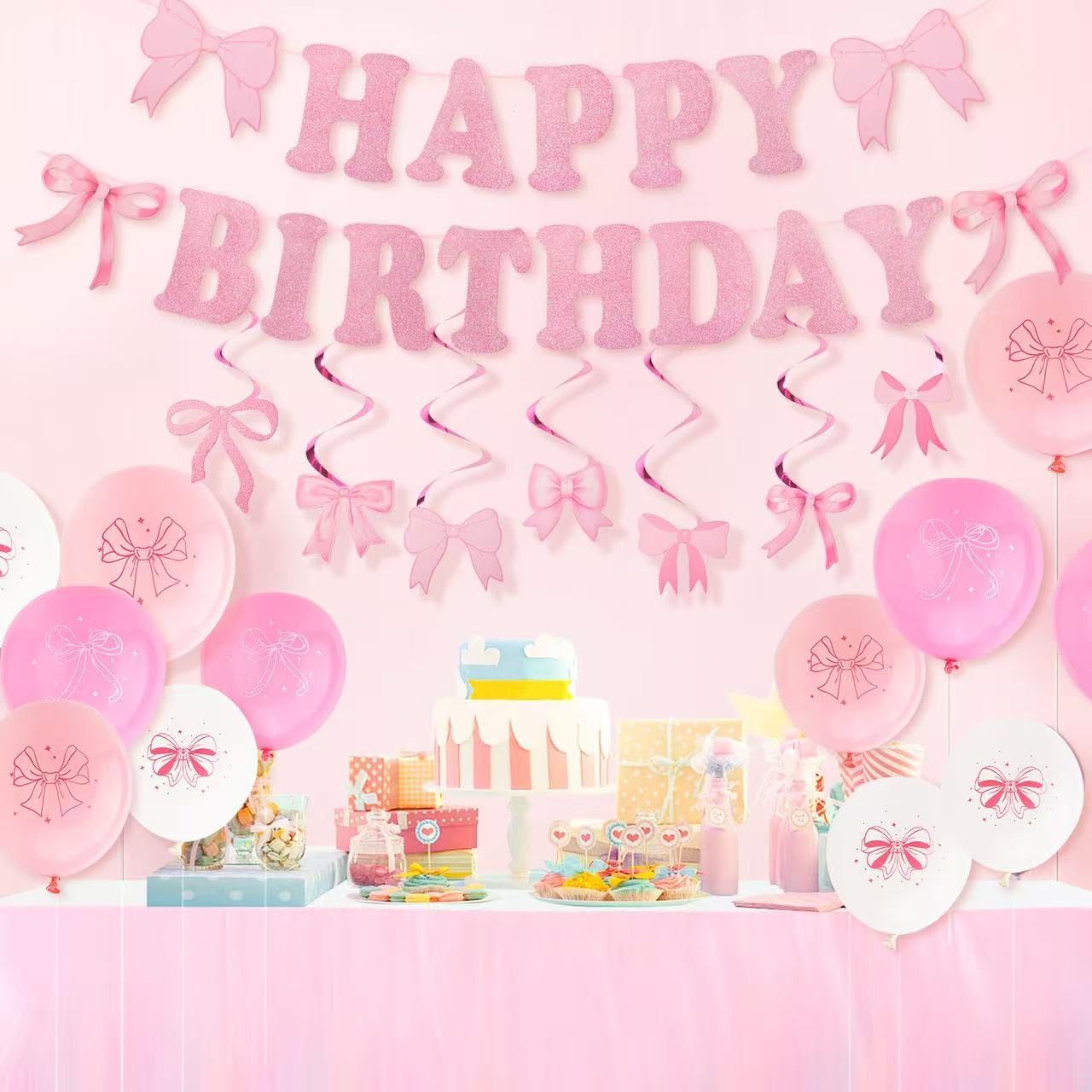 Black Bow Birthday Decorations Set - Coquette Theme Party Supplies with Happy Birthday Banner Garland, Hanging Swirls, Bow Balloons for Women Black Party Decorations Supplies (black) BST326L