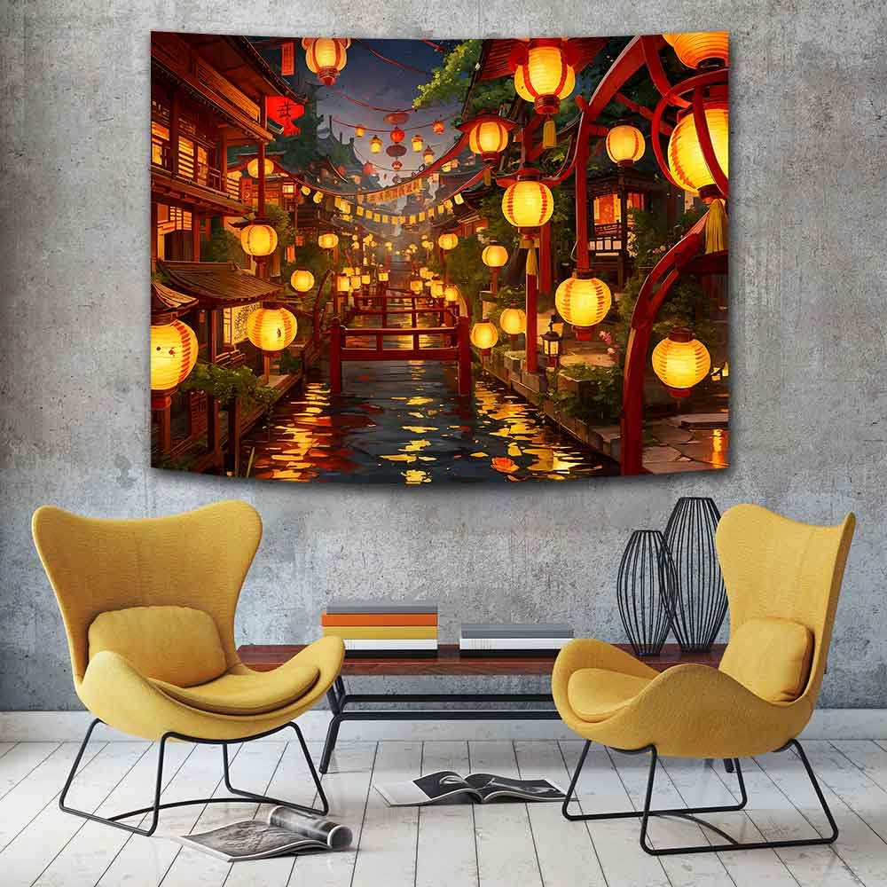 Ine Ive Japanese Tapestry Wall Hanging Large Size 93x71 Inch | Traditional Japan Streets filled with lanterns tapestry for Bedroom Living Room Dorm Office Restaurant Wall Decor BST202